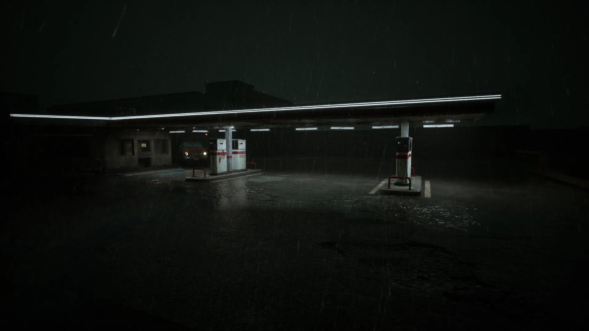 AUTO-CRISIS: Abandoned gas station in heavy rain with dim lighting and an ominous atmosphere