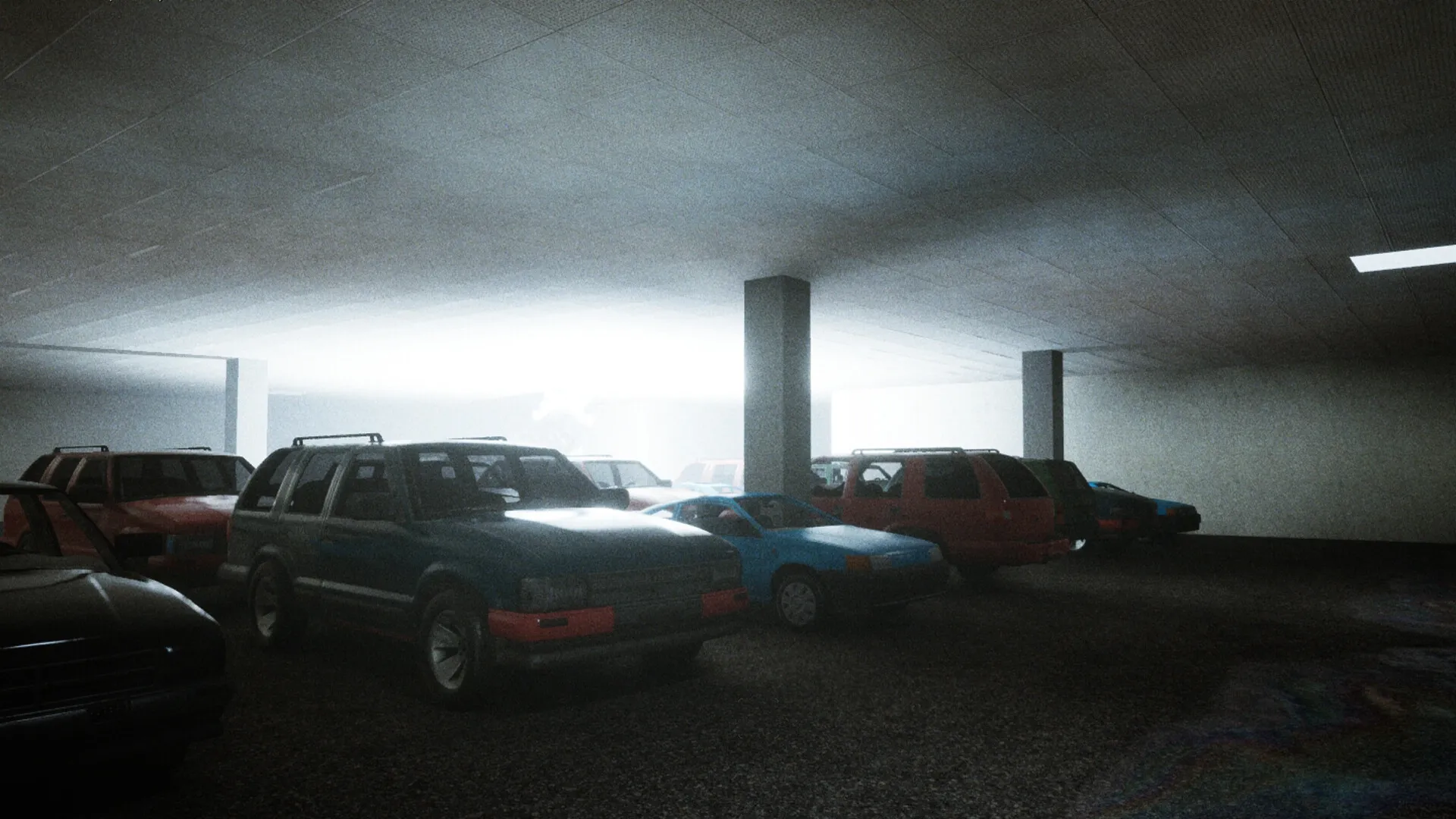 AUTO-CRISIS: Cars parked in a dimly lit underground garage with eerie lighting and shadowy corners