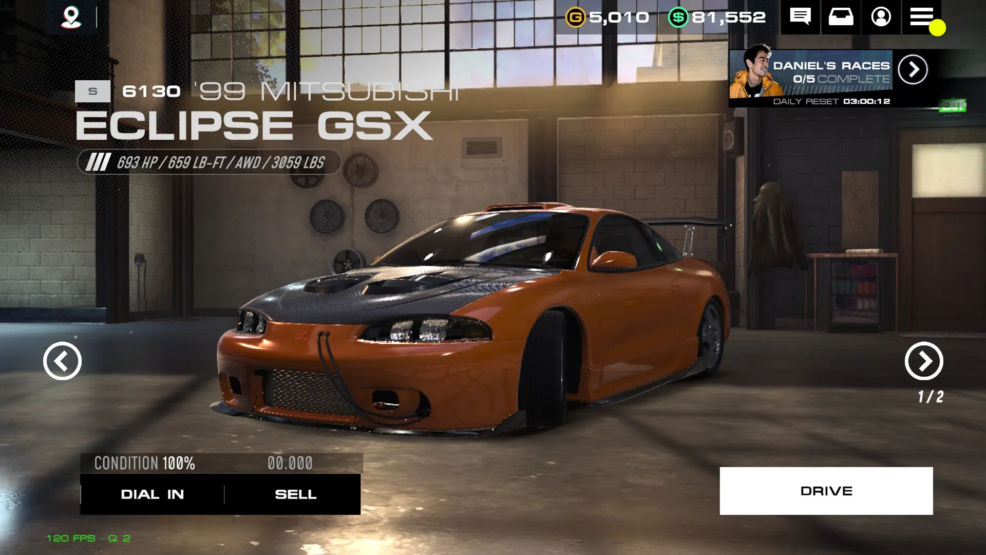 Auto Legends: Orange Eclipse GSX in garage with stats, dial in, and sell options visible