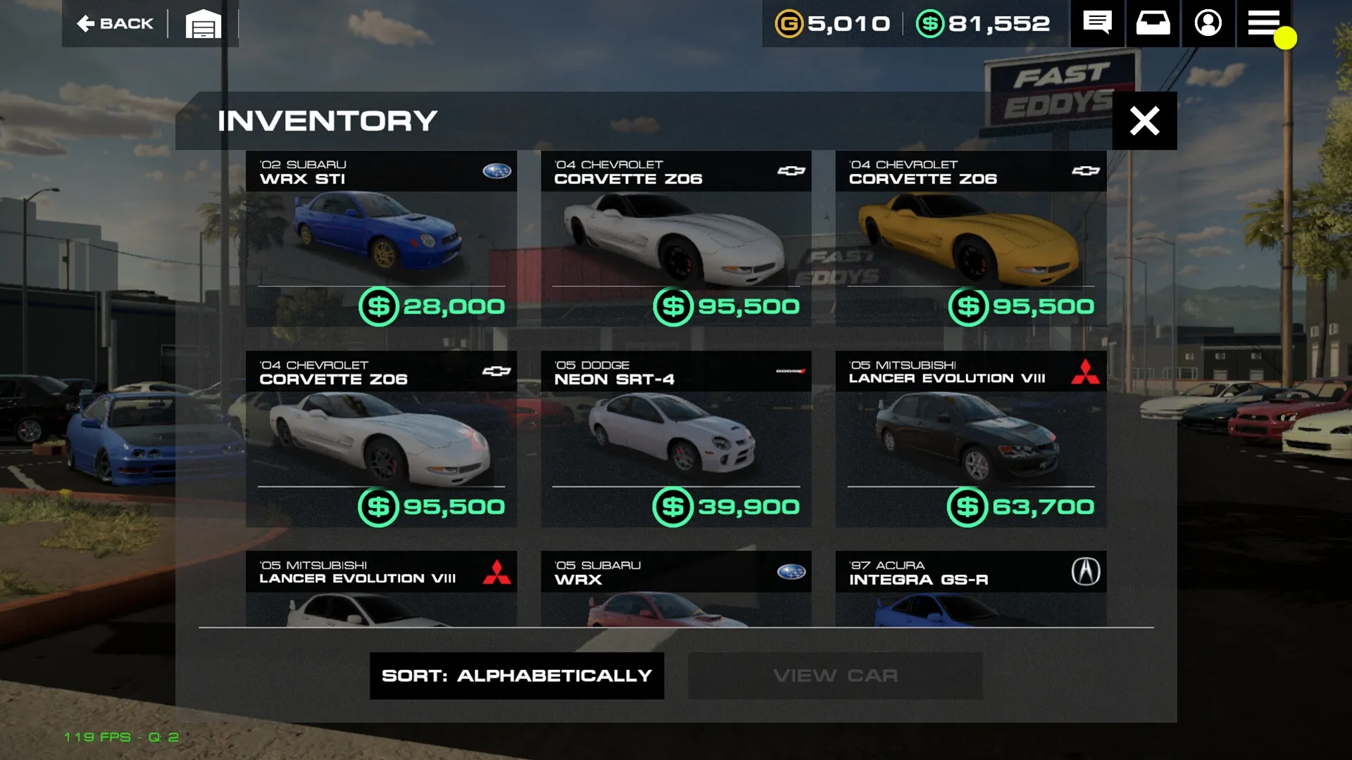 Auto Legends: Inventory menu displaying various cars for purchase with prices and icons visible