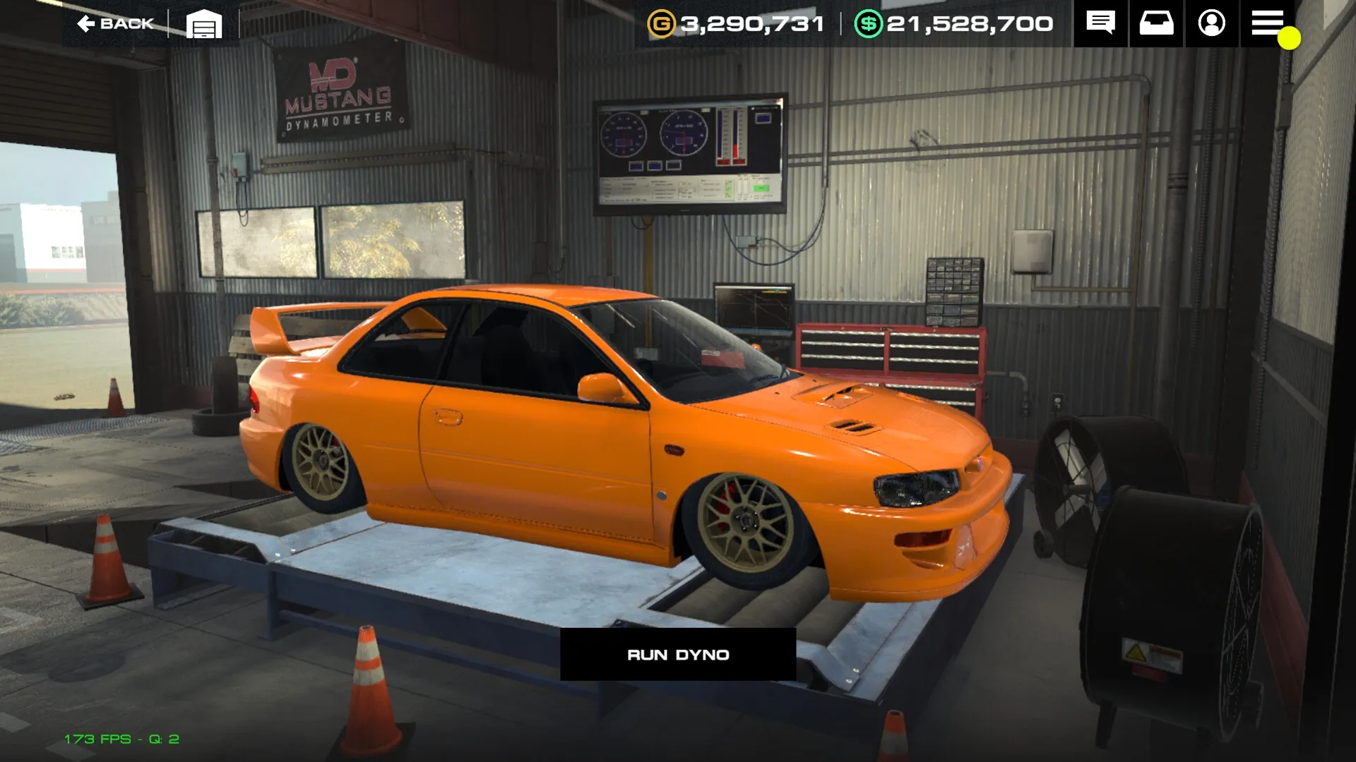 Auto Legends: Orange car on dynamometer in garage, ready to run tests with visible performance stats.