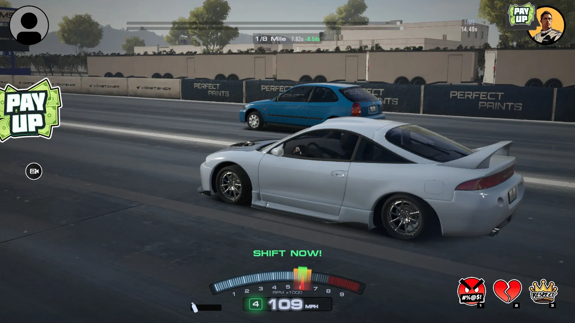 Auto Legends: White car drag racing on track, speedometer and "Shift Now!" prompt visible on screen