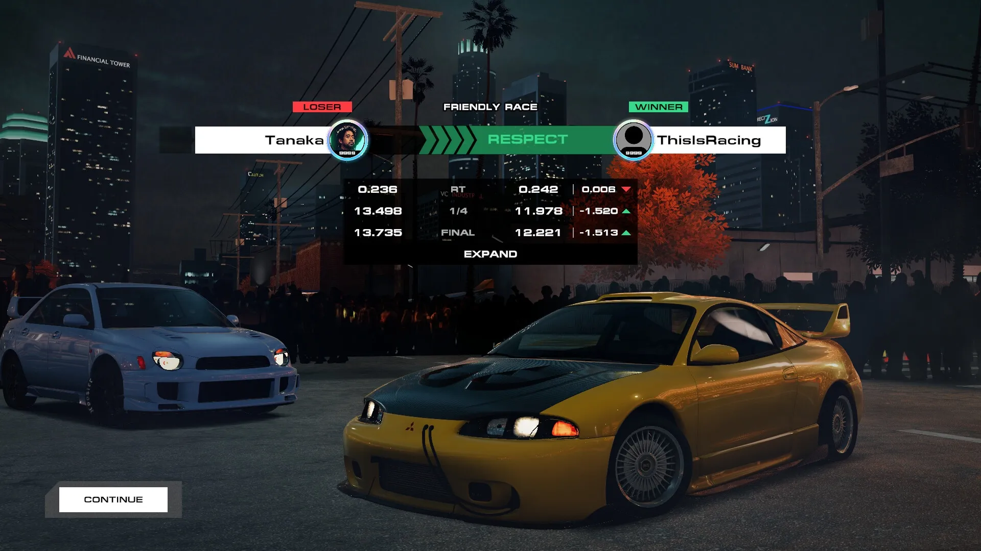 Auto Legends: Yellow car wins night race in city, leaderboard shows Tanaka vs. ThisIsRacing results