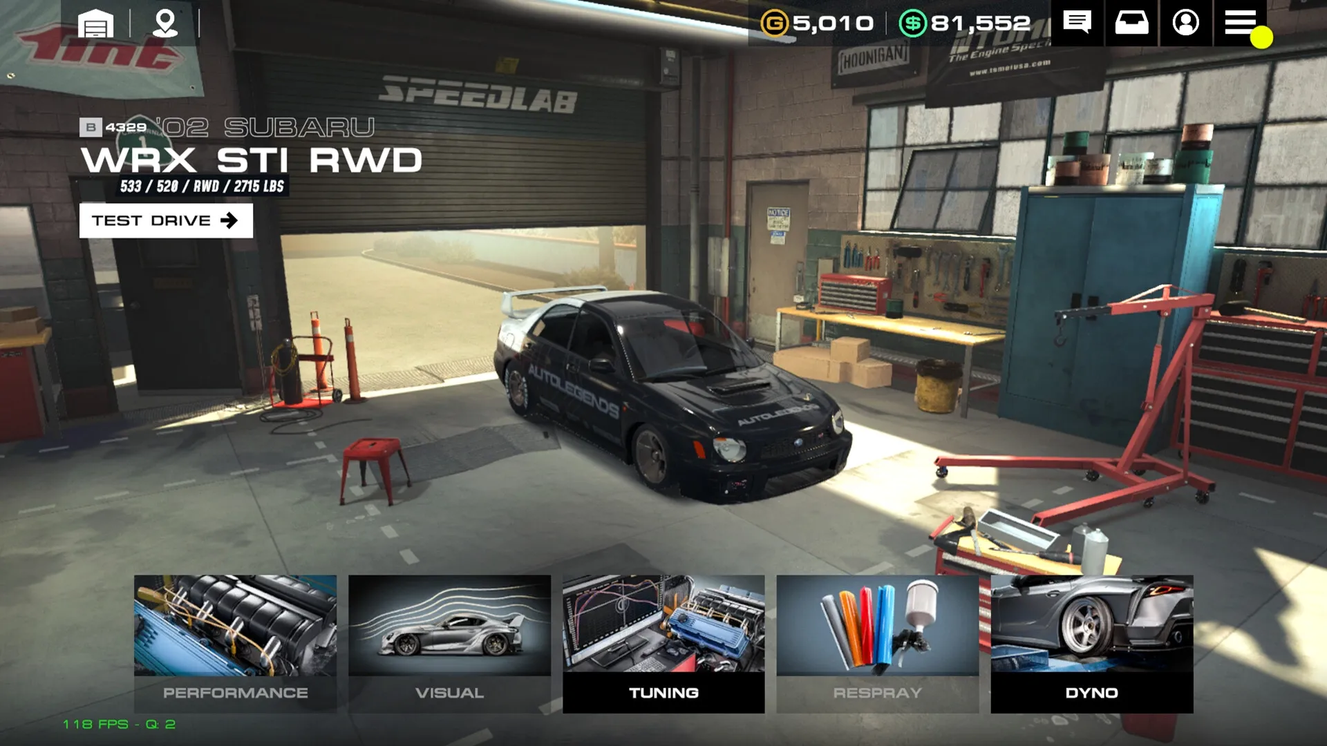 Auto Legends: '02 Subaru WRX STI in garage with tuning, respray, and dyno options displayed.
