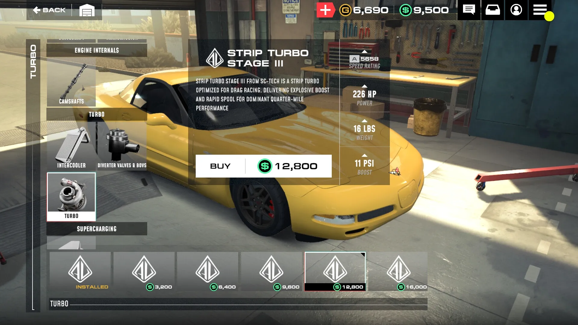 Auto Legends: Customizing yellow car with turbo upgrade options in a garage environment