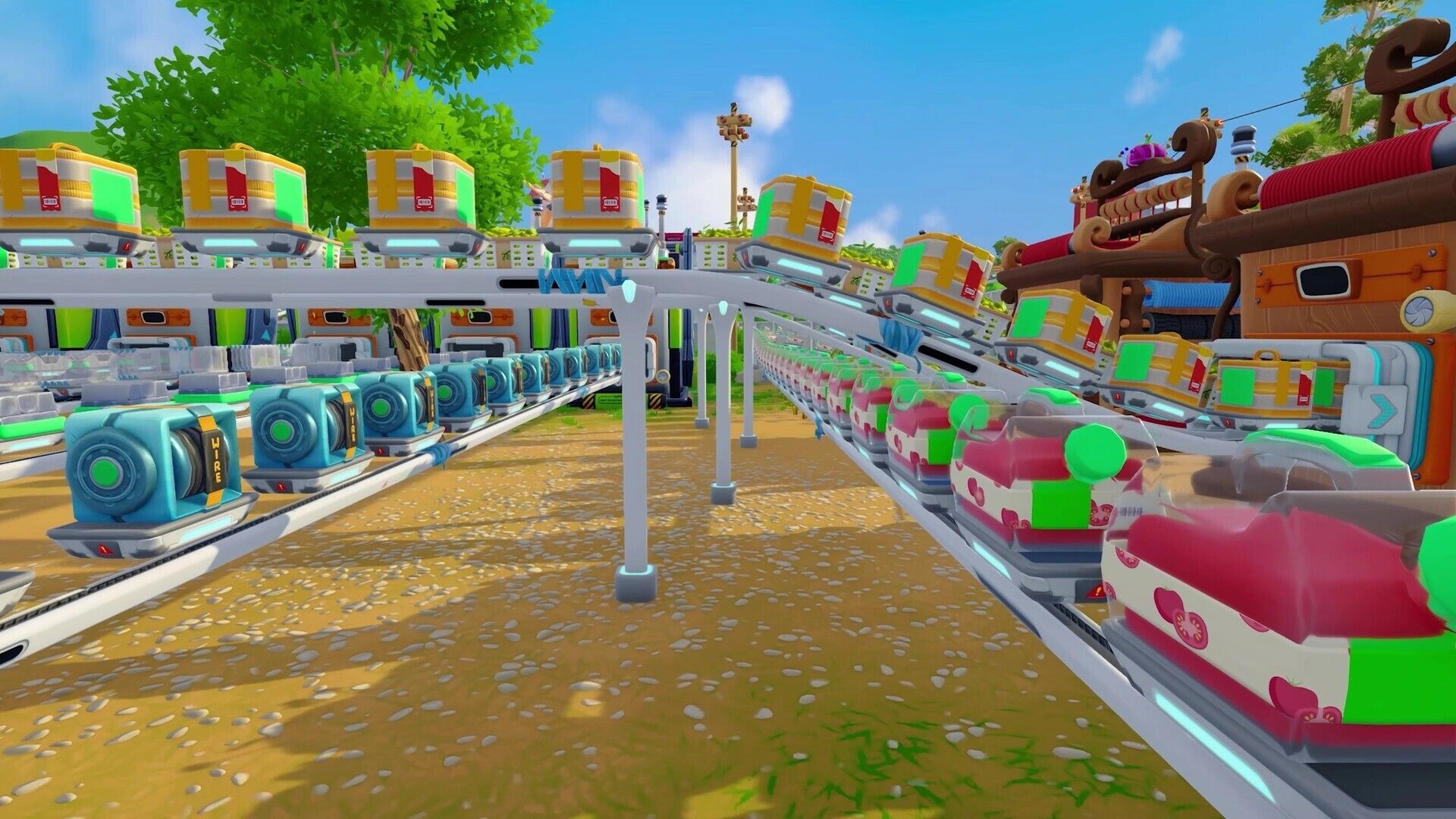 Autonomica: Conveyor belts transporting colorful crates through lush, sunlit automated farming area.