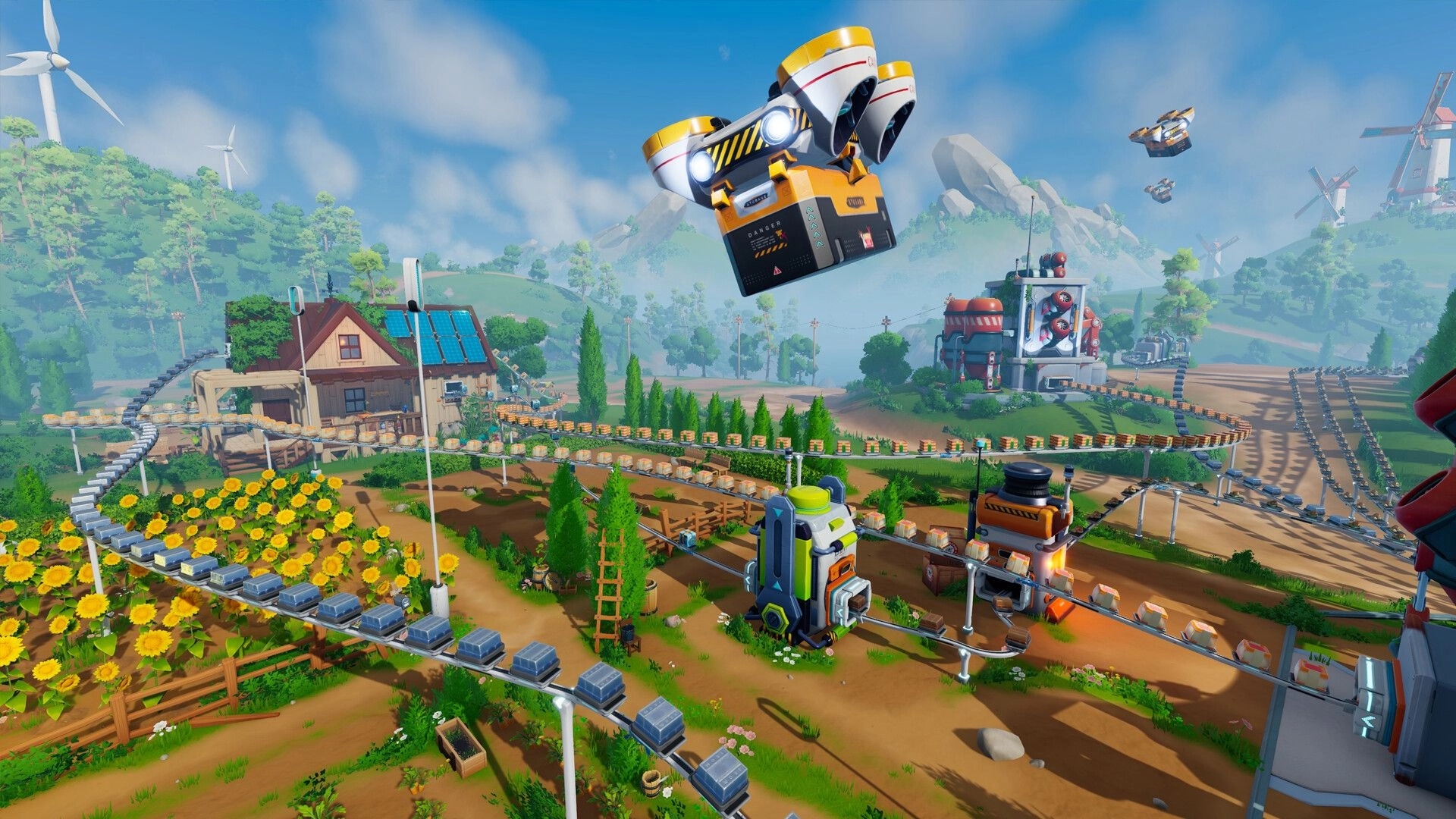 Autonomica: Automated farming area with conveyor belts and drones in a lush, mountainous landscape