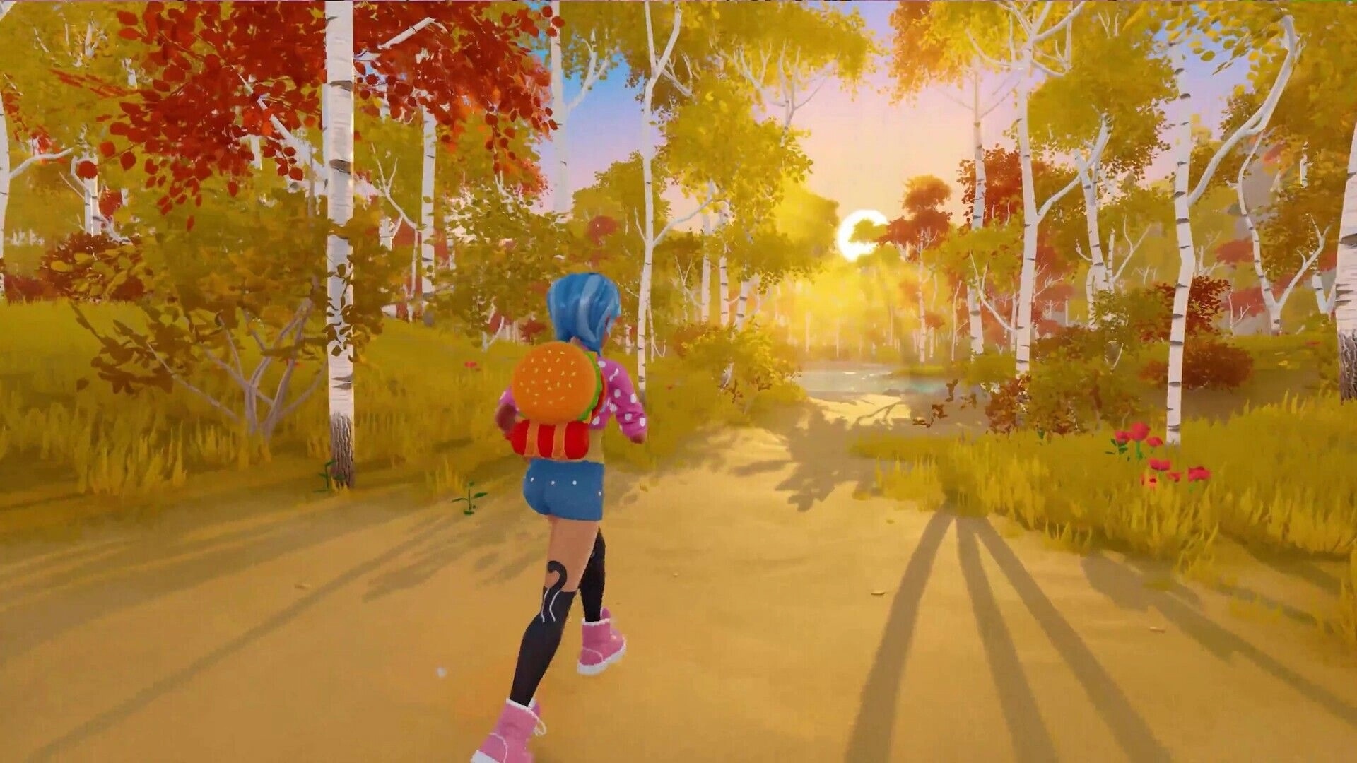 Autonomica: Character with blue hair explores vibrant forest at sunrise with orange backpack