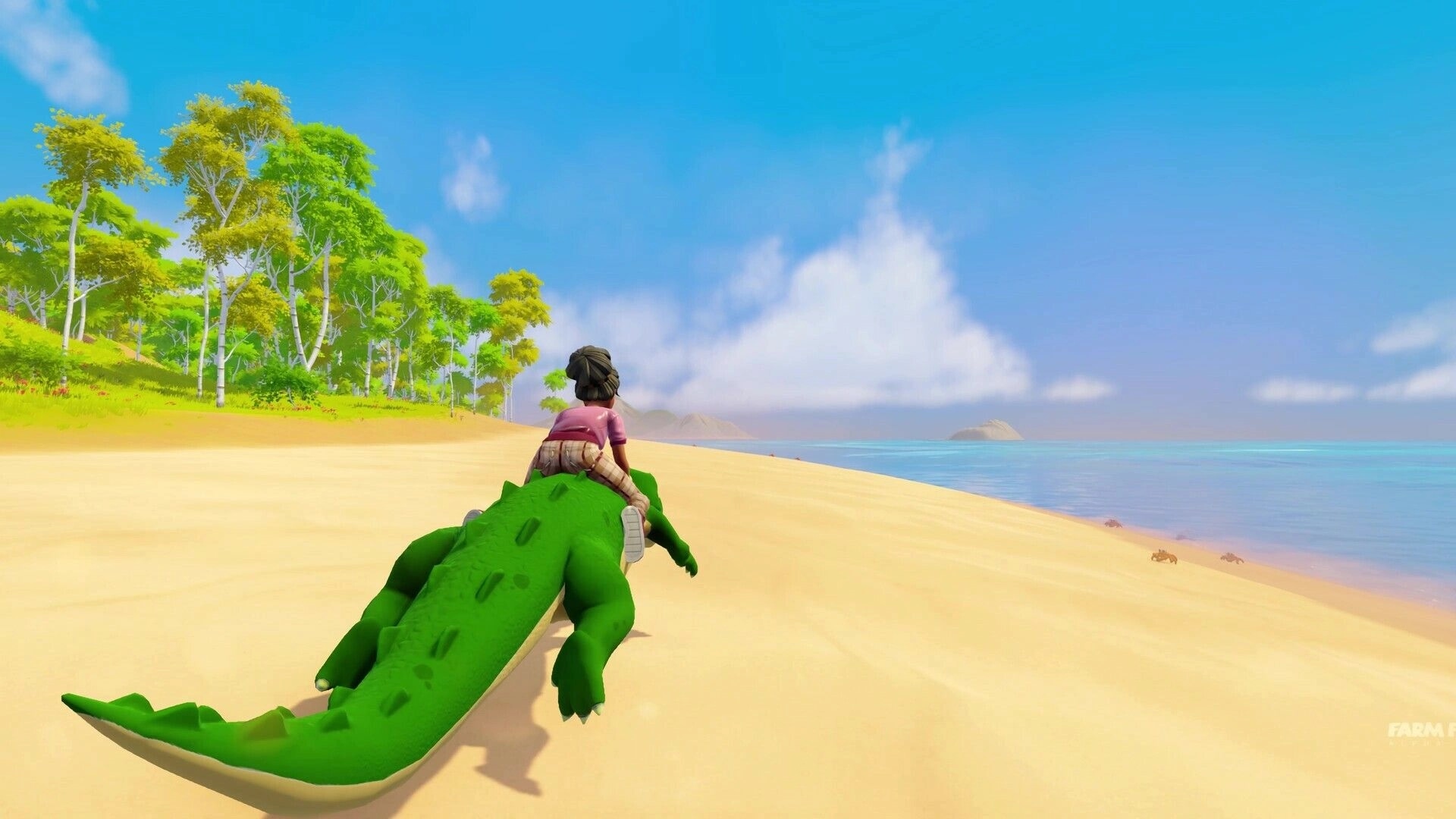 Autonomica: Player rides a green creature along a sunny beach with trees and ocean in the background