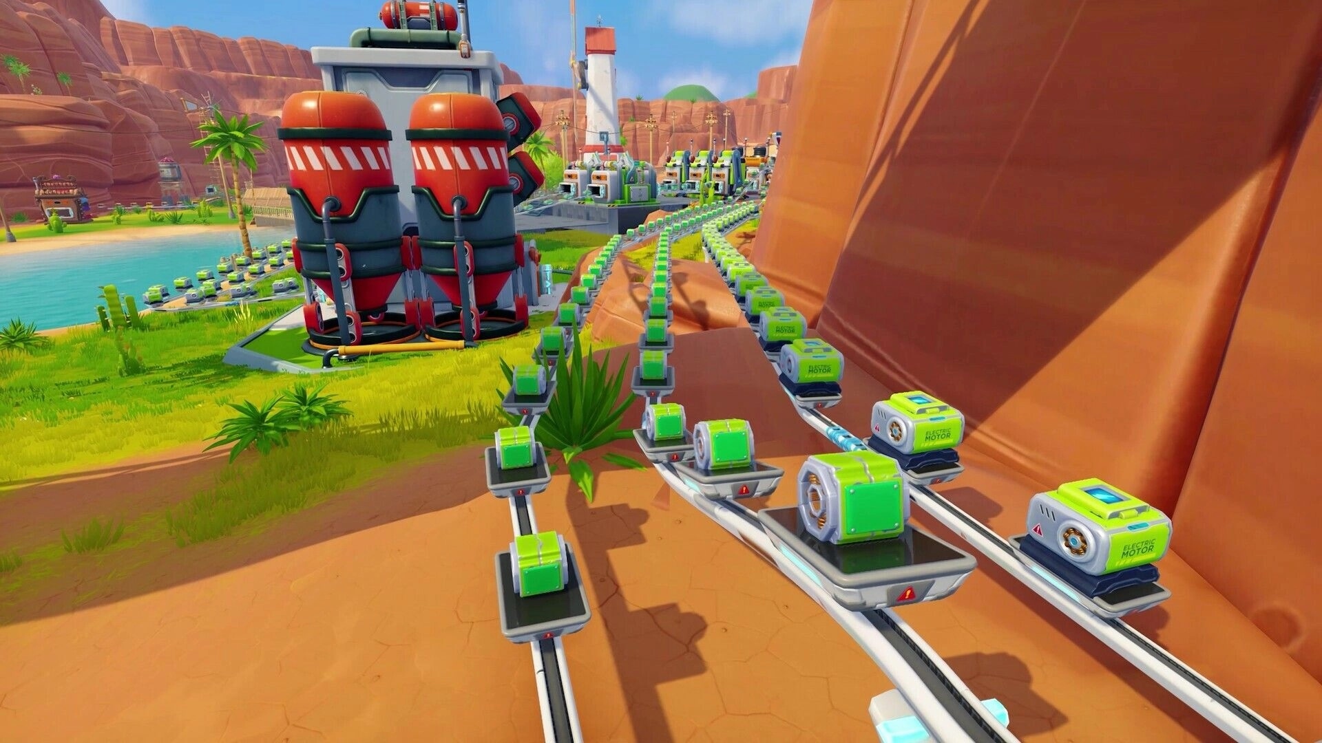 Autonomica: Conveyor belts transport green crates in a lush canyon landscape with futuristic machinery