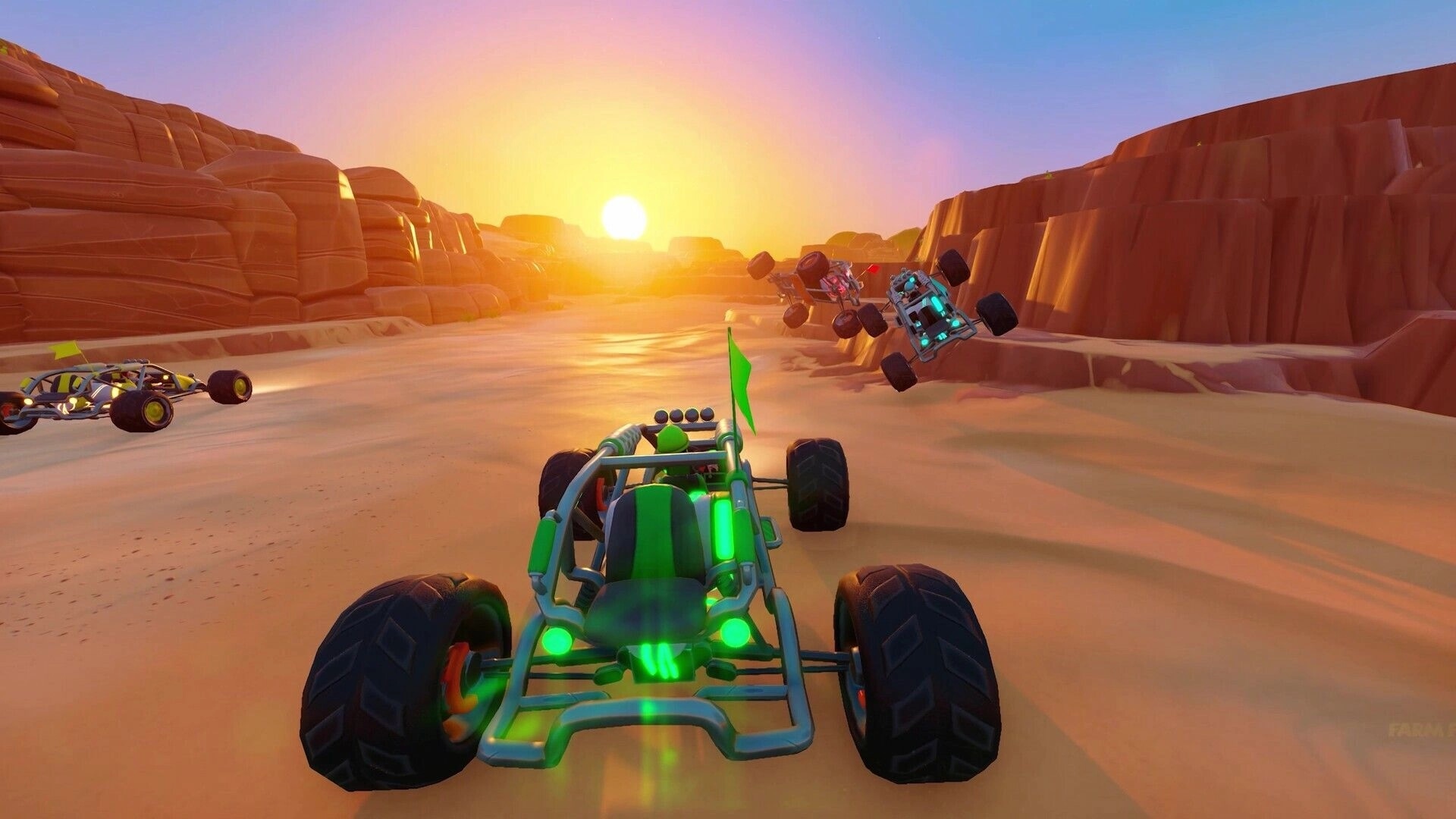 Autonomica: Dune buggy race at sunset in desert canyon with multiple vehicles airborne and glowing lights