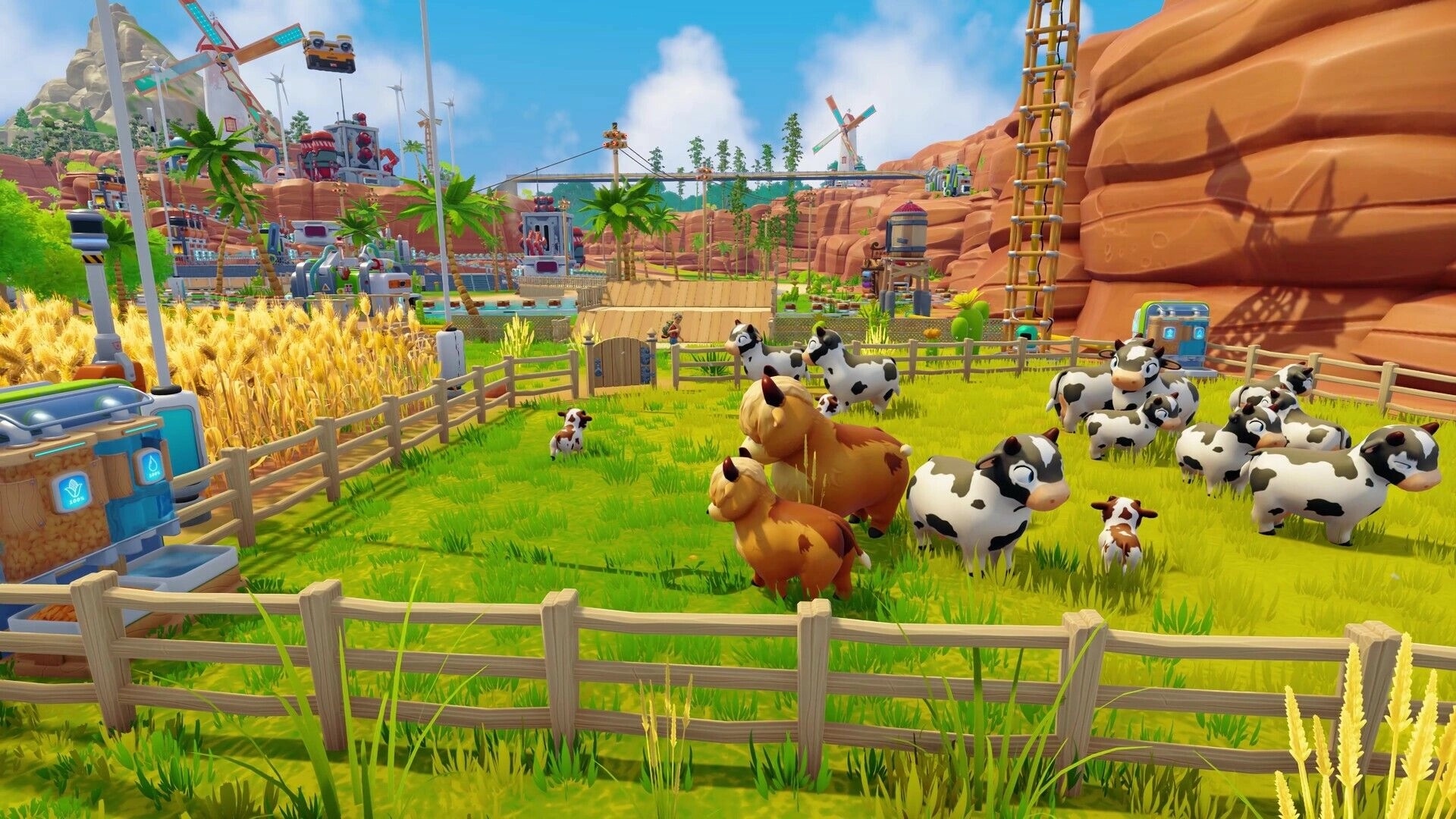 Autonomica: Grazing cows in a fenced field with windmills and automated machinery in the background