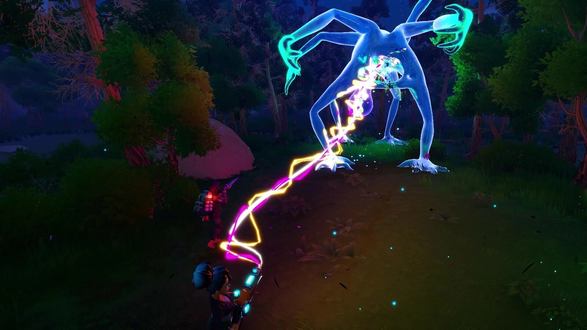 Autonomica: Player using energy weapon against giant creature in a dense forest setting