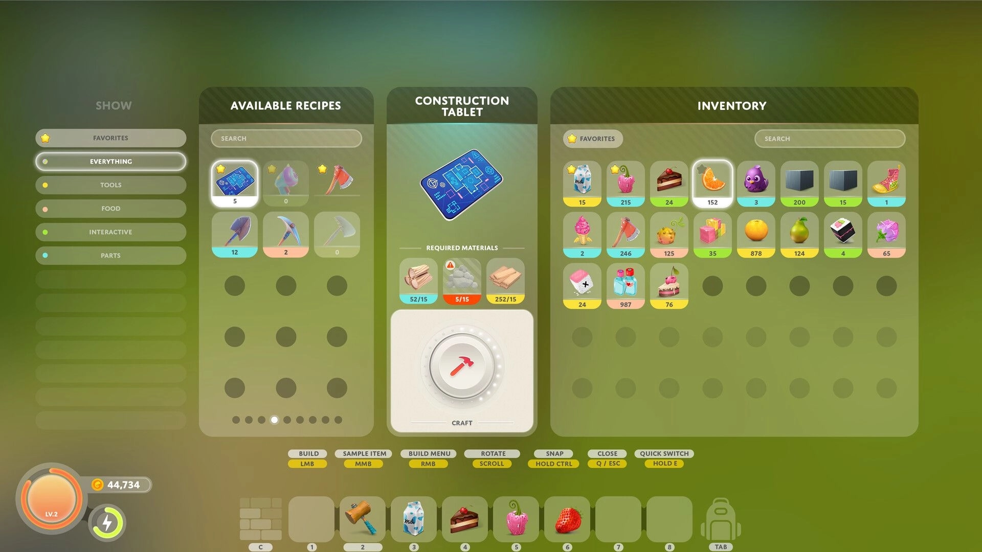 Autonomica: Crafting interface with available recipes, construction materials, and inventory items displayed