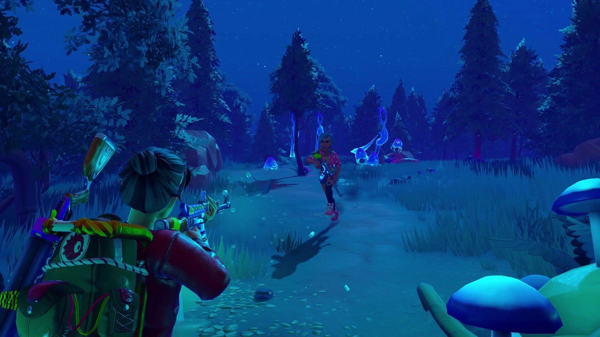 Autonomica: Player aiming rifle at approaching enemy in a moonlit forest with glowing mushrooms