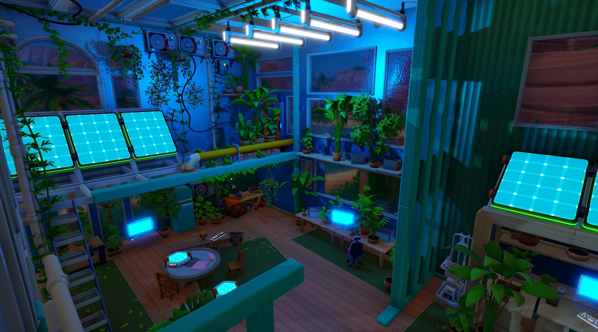 Autonomica: Indoor greenhouse with solar panels, lush plants, and workstations in a futuristic setting
