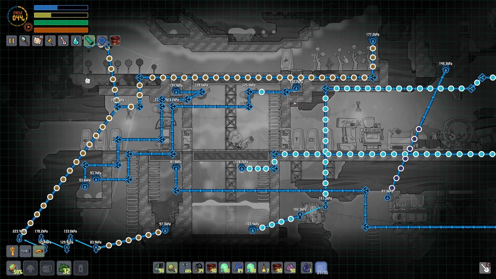 Away Team: Ventilation overlay with blue and white pipe network across underground base rooms and ladders.