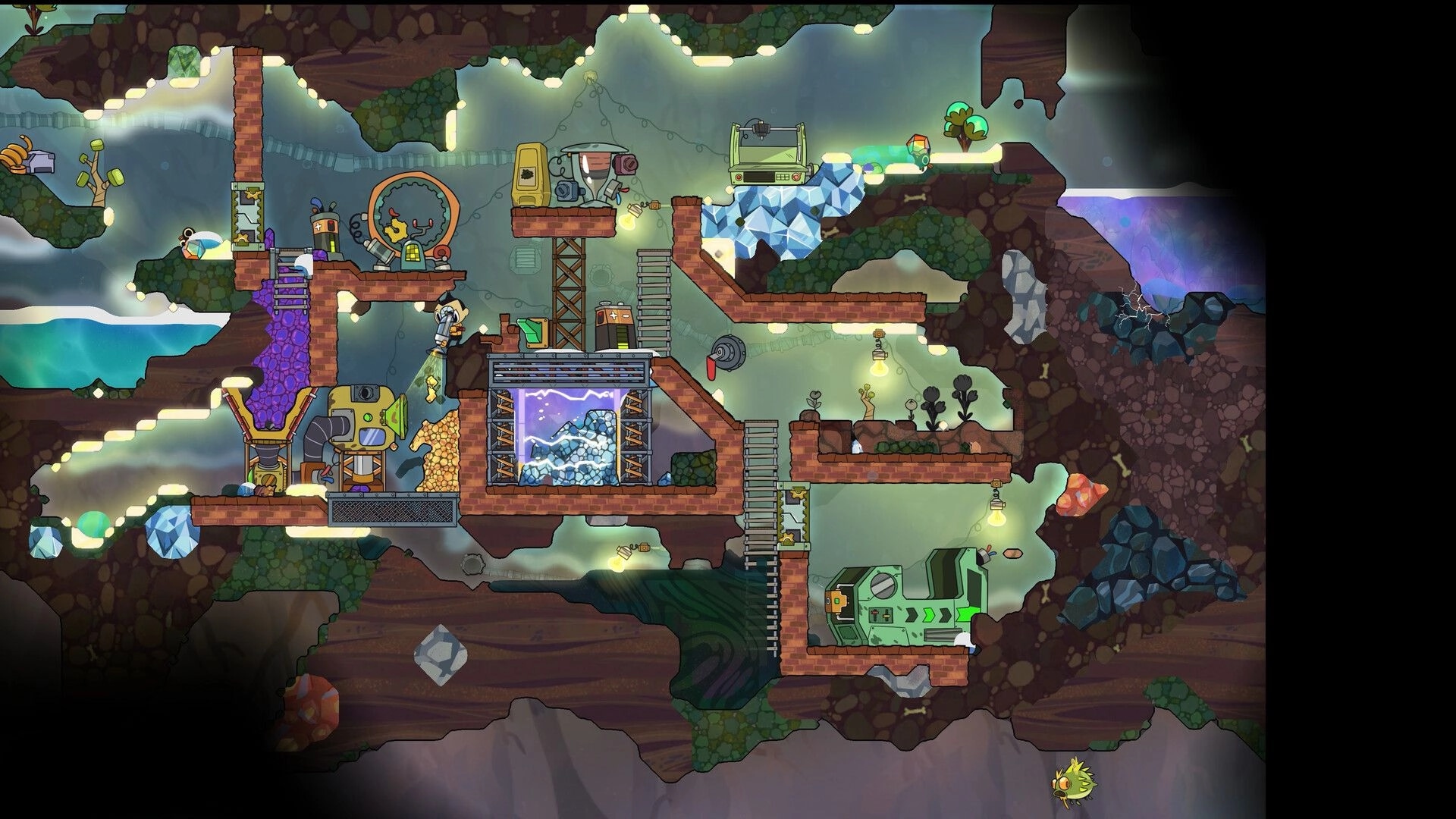 Away Team: Underground base cutaway with ladders, machines, and a worker mining near crystals.