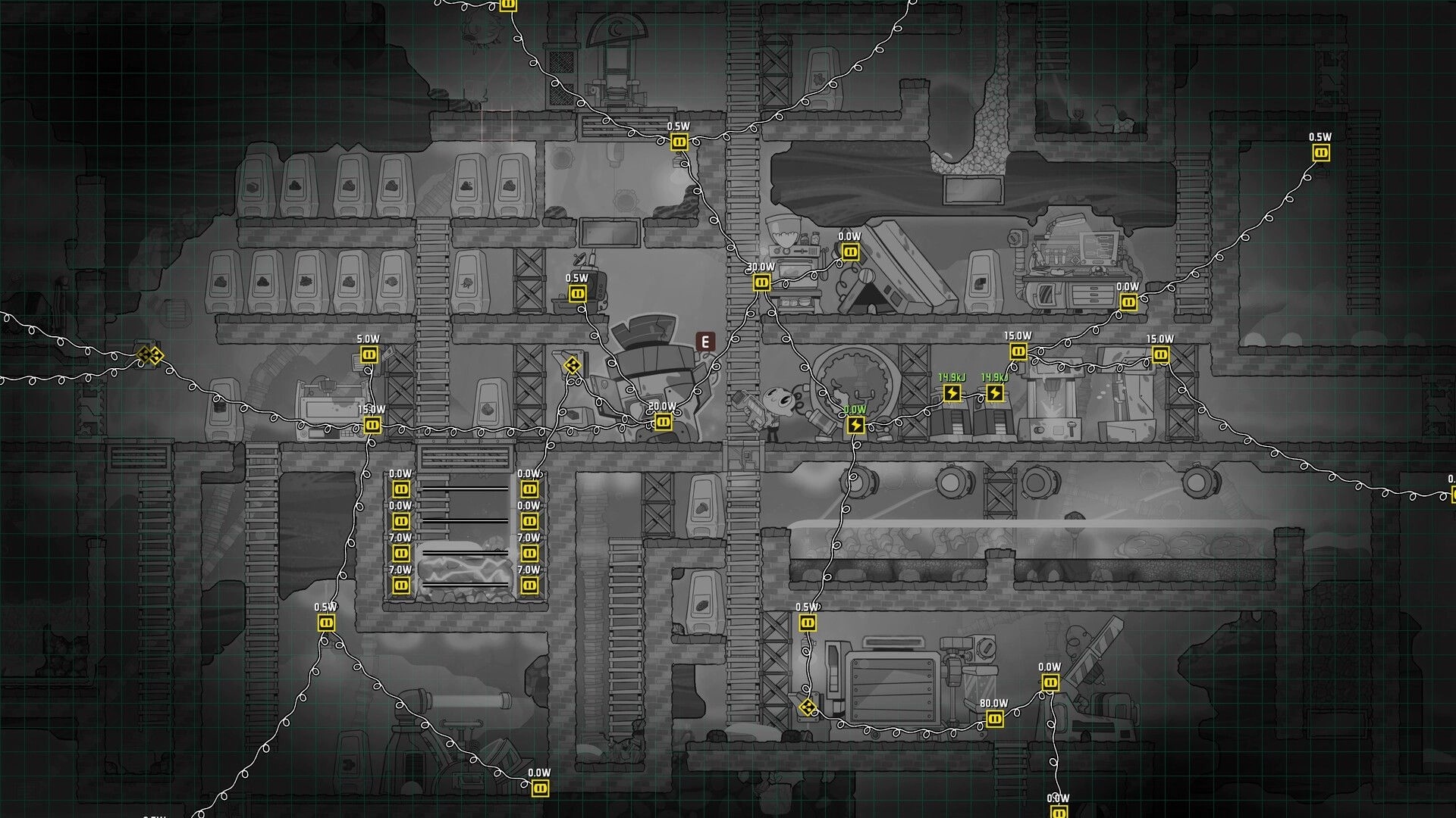 Away Team: Base cross-section with ladders, rooms, and power wire overlay showing wattage in tunnels.