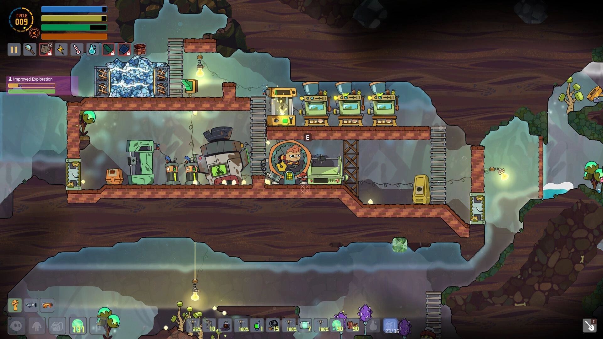 Away Team: Side-view base interior with ladders, machines, beds, and a worker at a console.