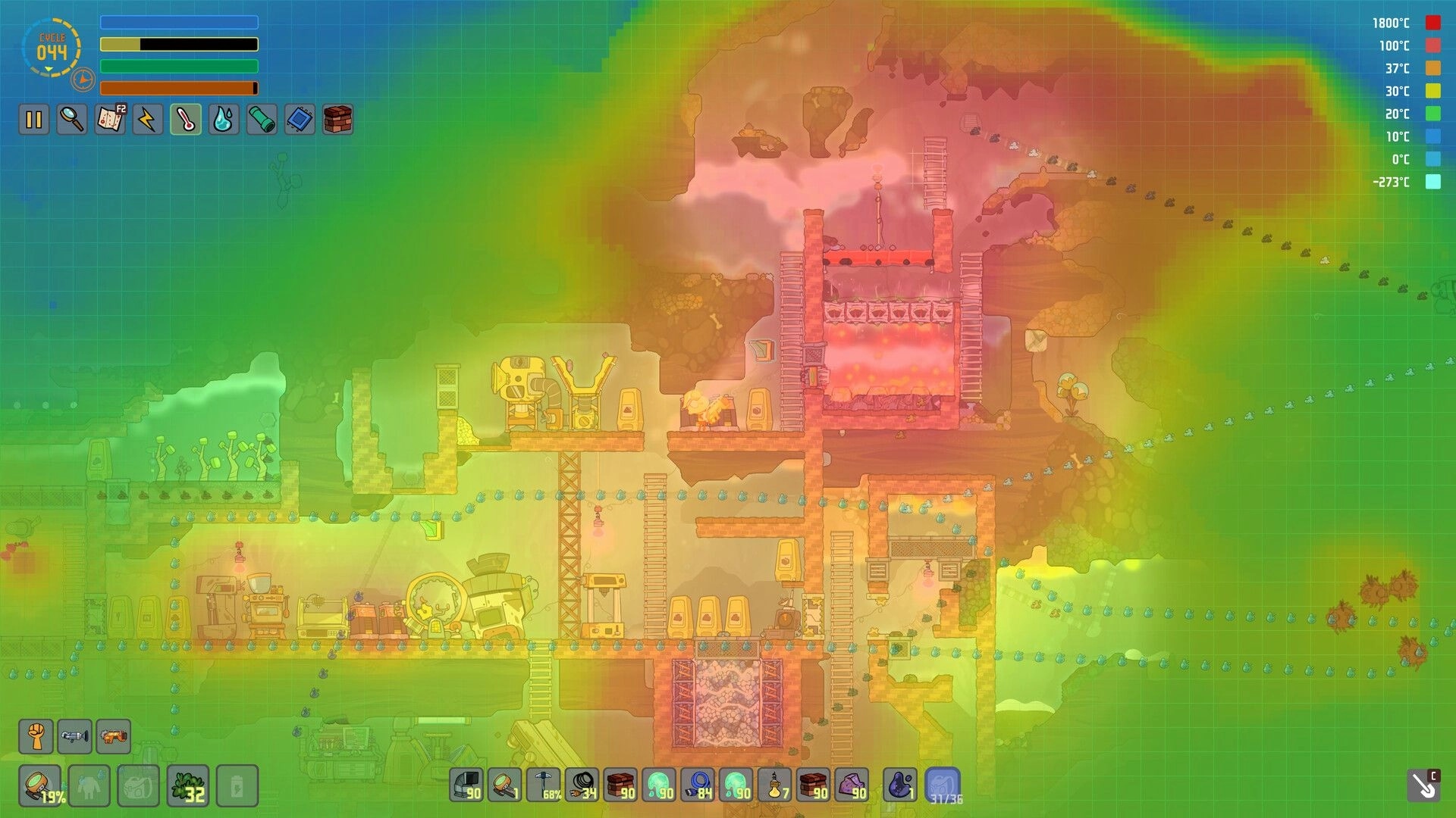 Away Team: Heat map view of base with ladders, machines, and a hot furnace chamber underground.