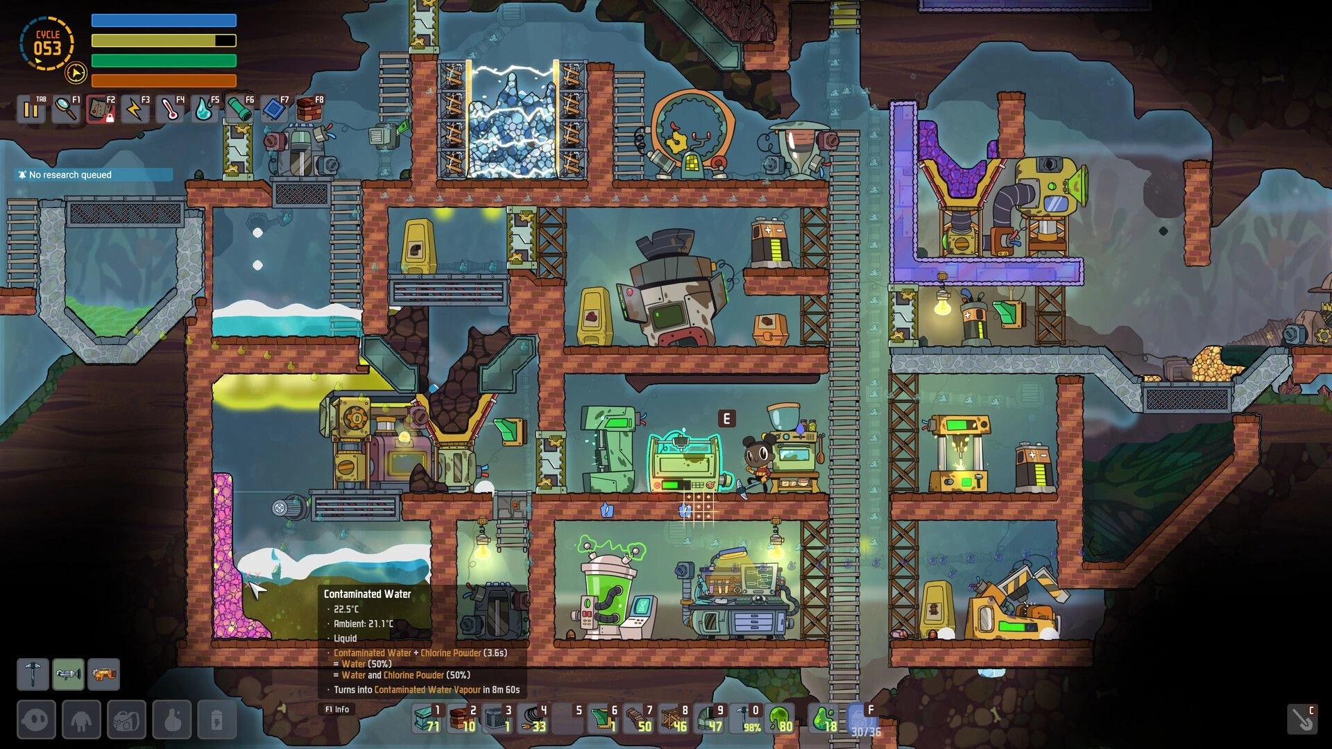 Away Team: Base interior with ladders, pipes and machines, character at workstation, UI cycle 53.