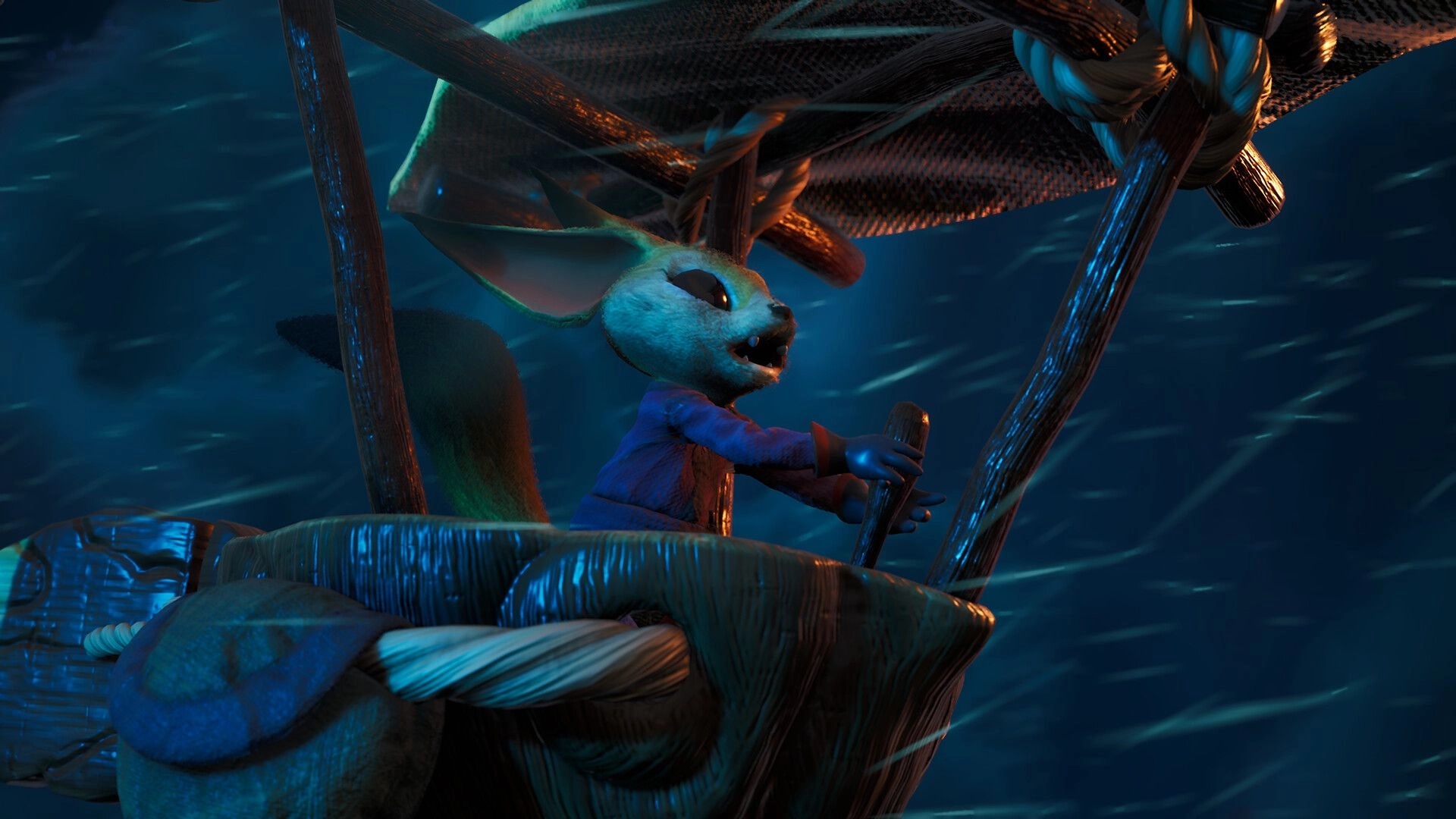 Awaysis: Small character piloting a wooden airship through a stormy night sky with intense focus