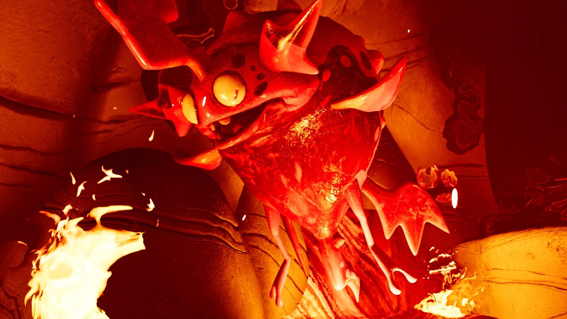 Awaysis: Fiery red creature with horns and claws emerging in a lava-filled cavern environment