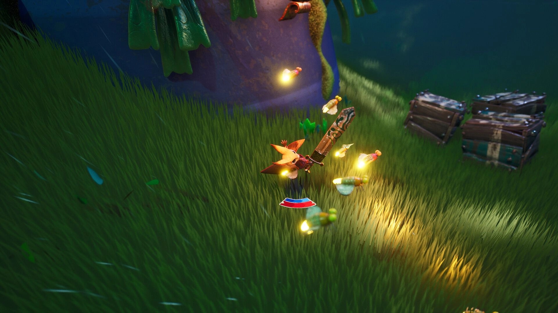 Awaysis: Character wielding a sword battling glowing enemies in grassy forest with treasure chests nearby