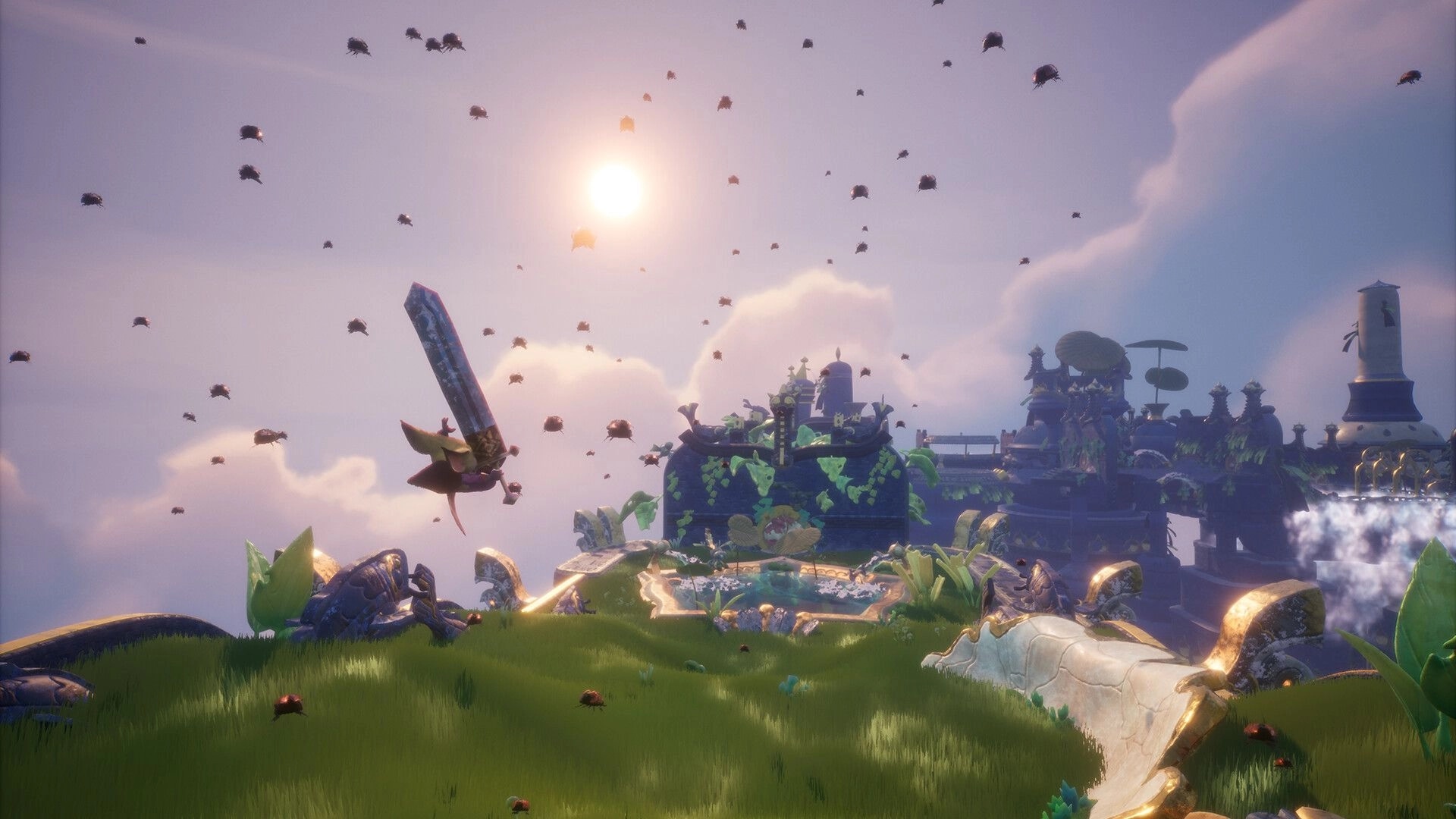 Awaysis: Hero with sword jumps amidst flying creatures over grassland near ancient relic structure