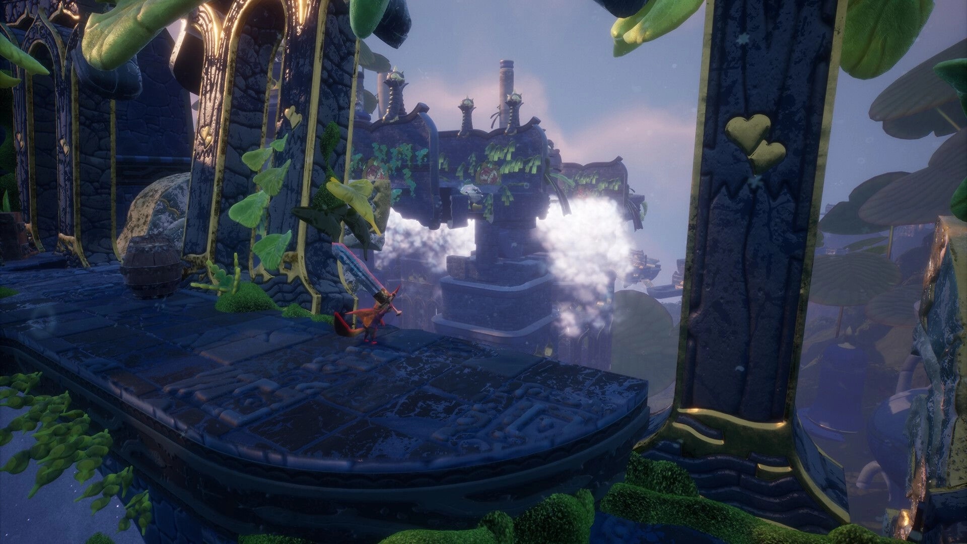 Awaysis: Player character prepares to leap across ancient floating ruins surrounded by lush foliage.