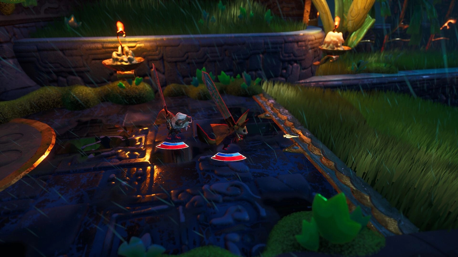 Awaysis: Two characters with swords exploring a rain-soaked stone path lit by torches in a grassy area.
