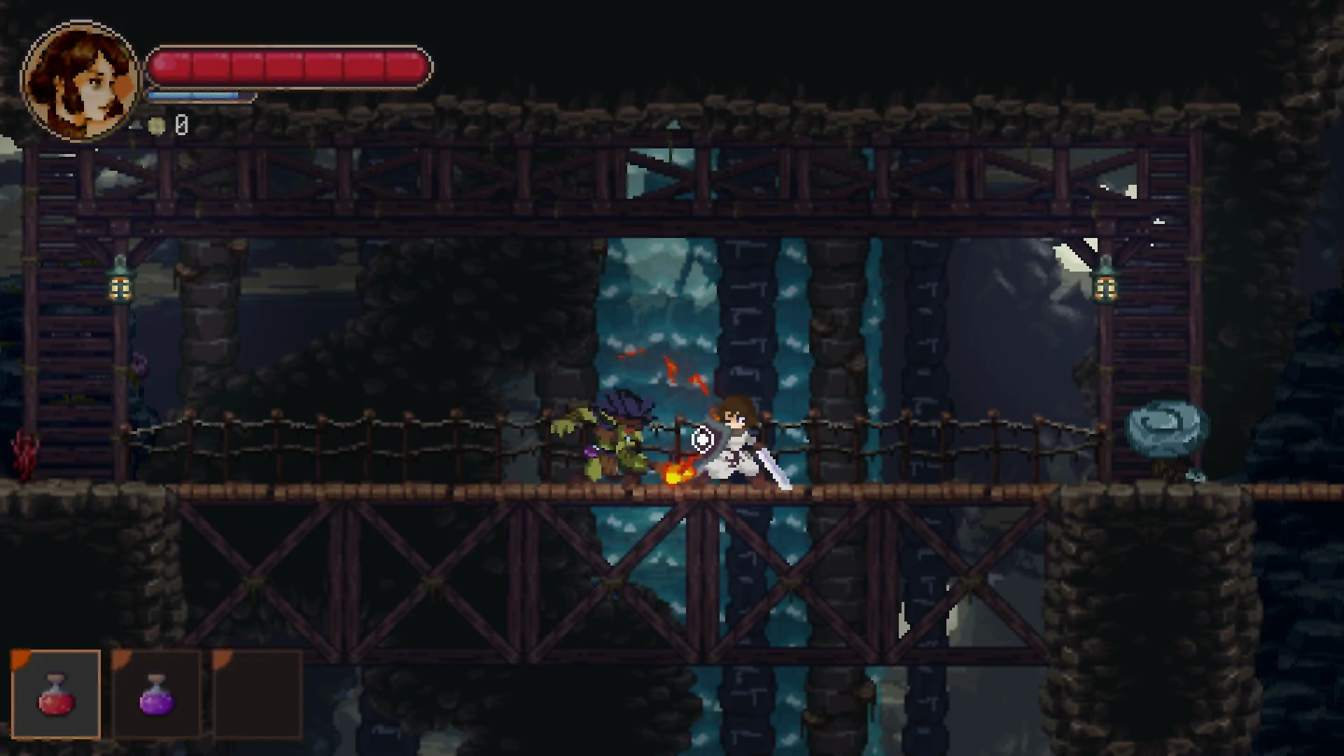 Awita: Engaging in combat with a goblin on a wooden bridge in a dark cavern environment