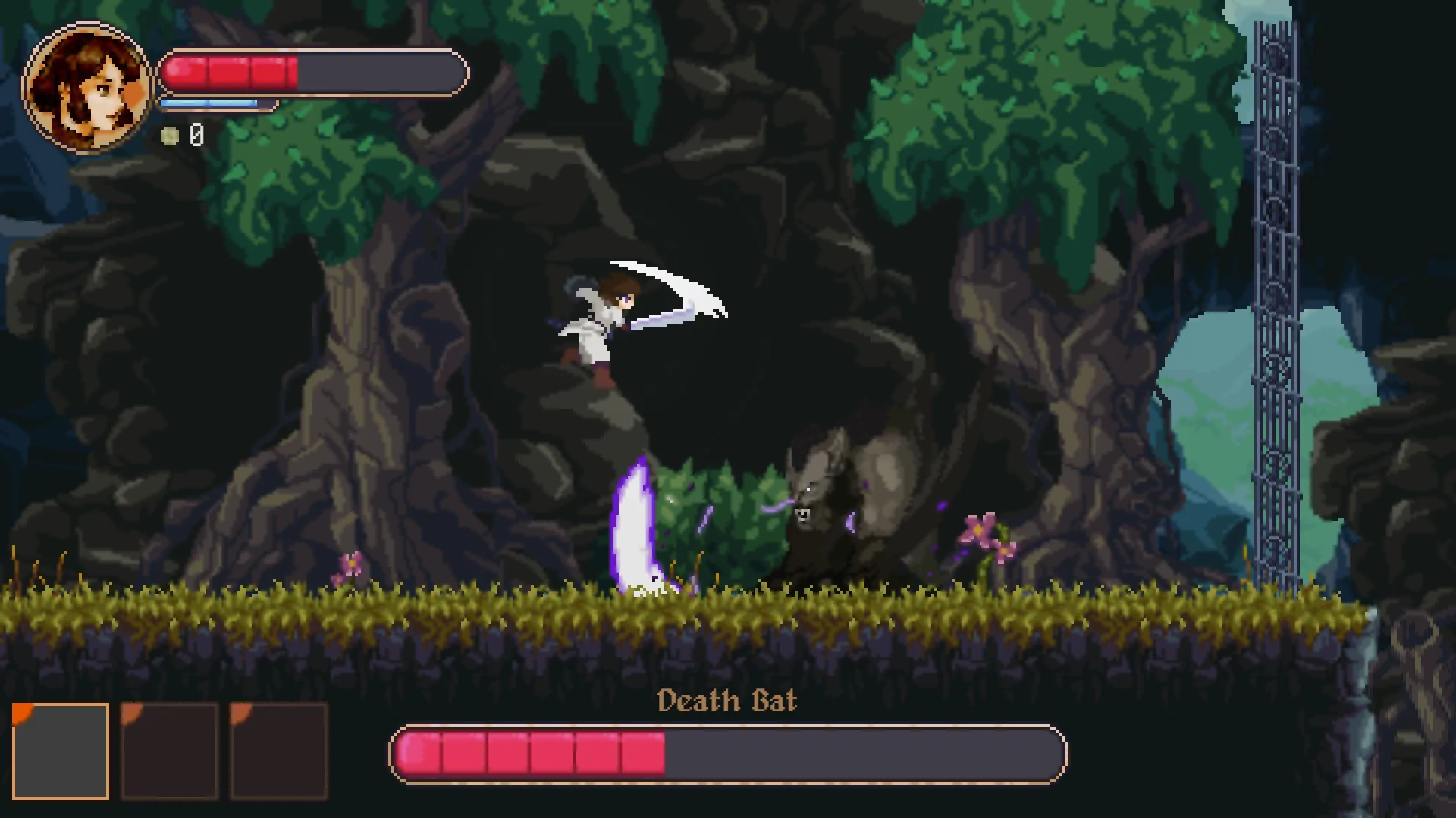 Awita: Character battling 'Death Bat' in a lush forest cave with health bars and inventory displayed