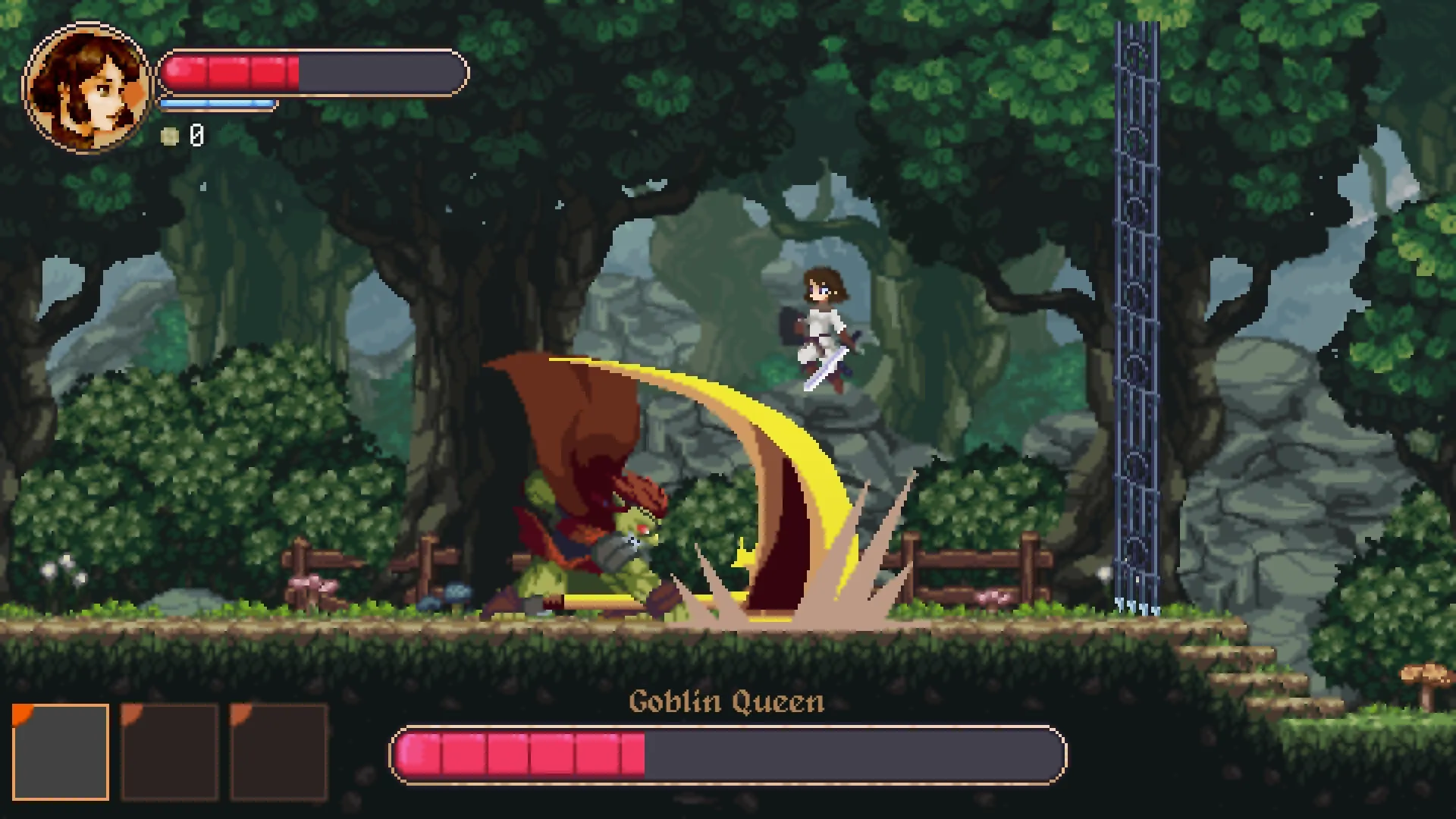 Awita: Hero battles Goblin Queen in forest clearing, health bars and attack effects visible