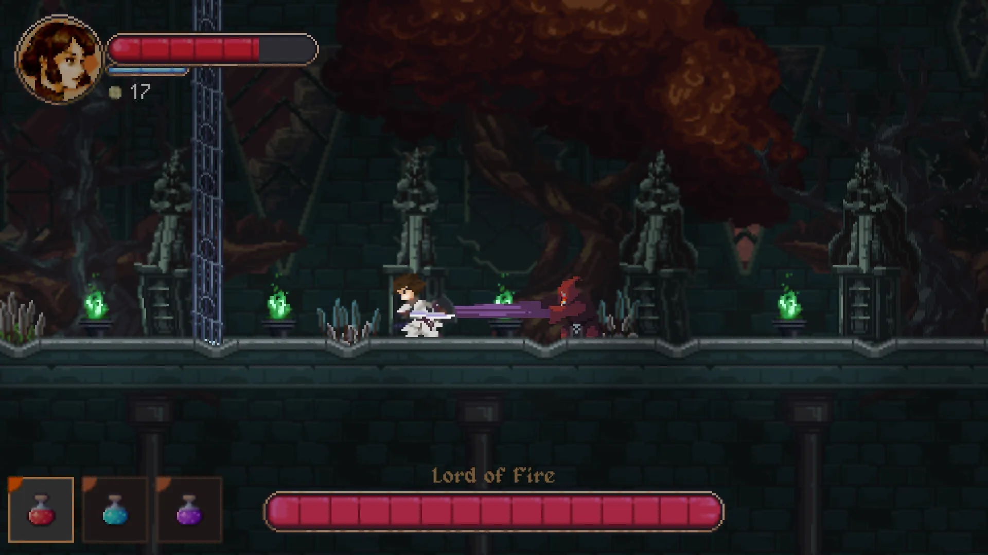 Awita: Combat with red demon in castle hall, health bars and potion inventory visible