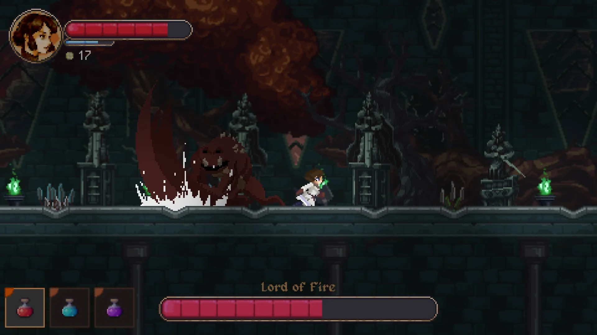Awita: Combat with Lord of Fire in dark dungeon, health bars and potions visible