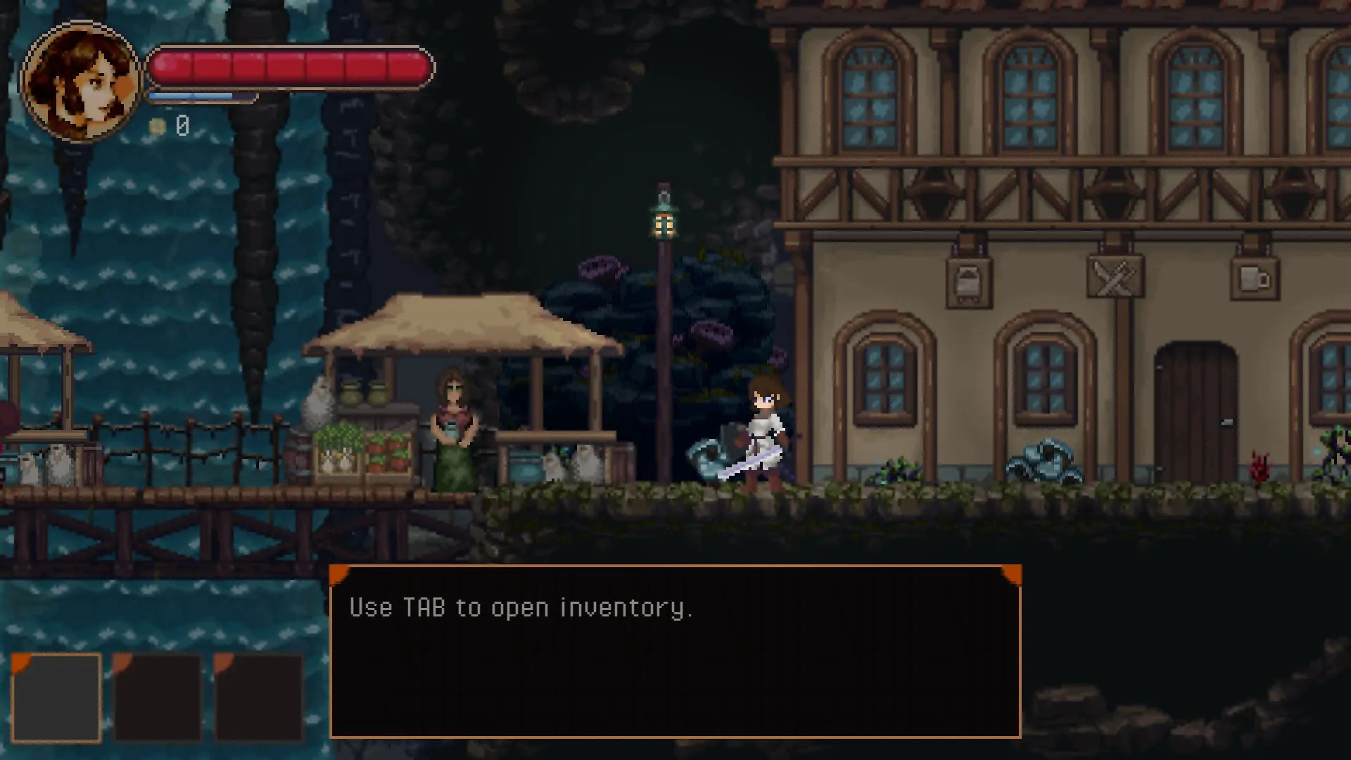 Awita: Character stands near market stall in village, UI shows health bar, prompt for inventory access.