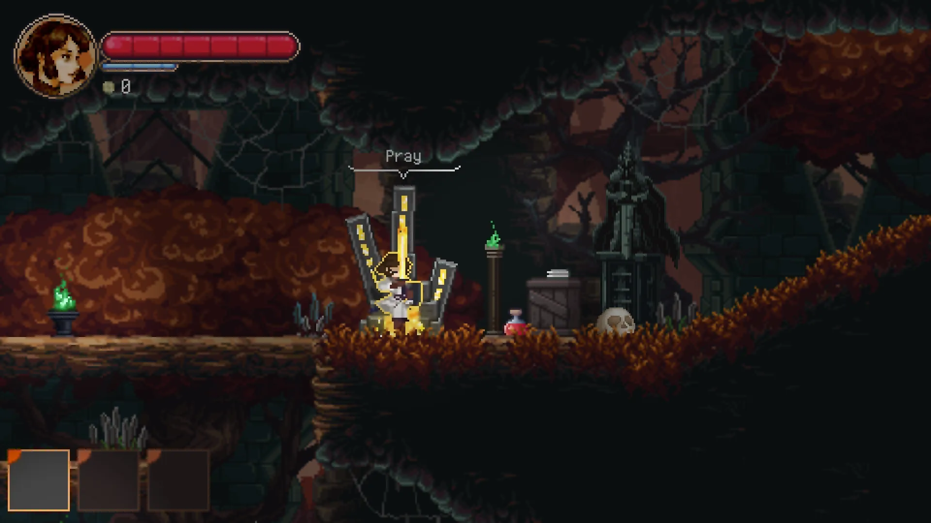 Awita: Character sitting and praying on a glowing chair in a dark, underground cavern with a statue nearby