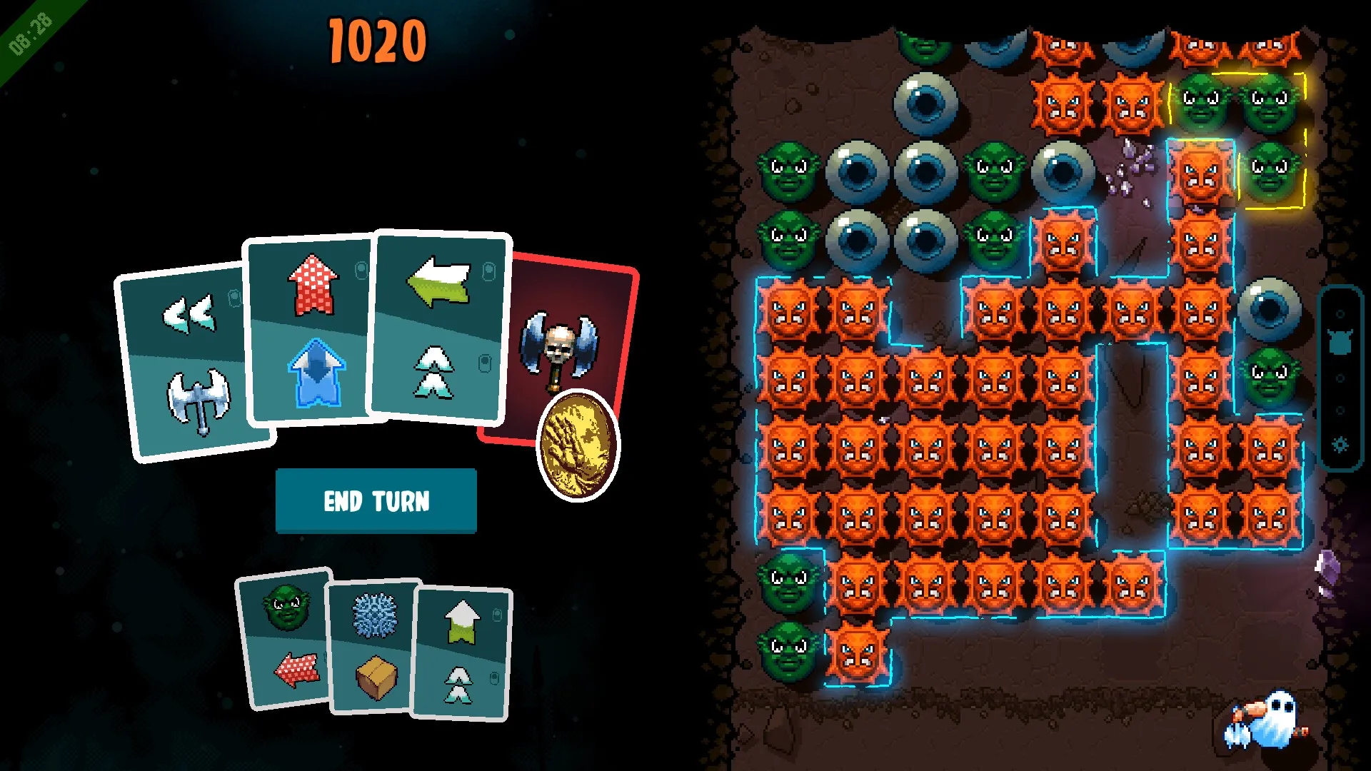 Axe Ghost: Card selection menu with enemy positions on dungeon grid, ready to end turn in battle.