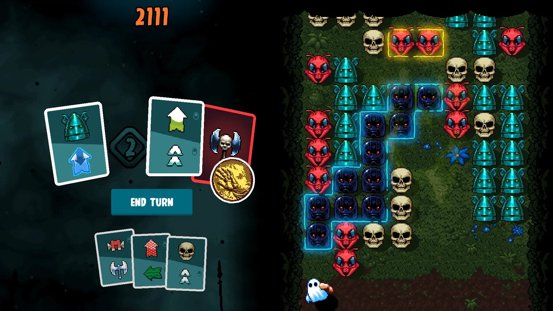 Axe Ghost: Strategic card play against monster horde on grid, player preparing next move with cards