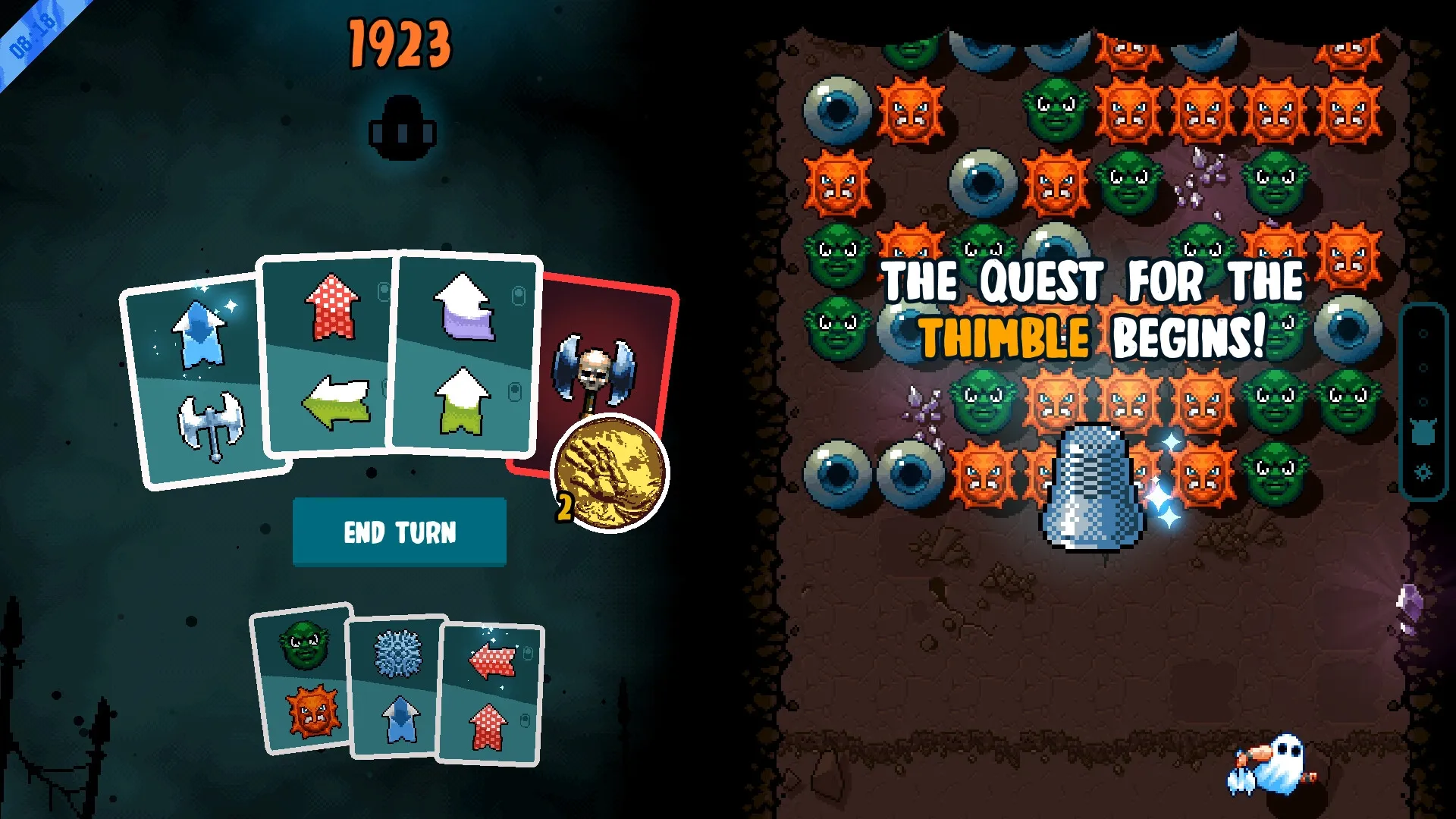 Axe Ghost: Card selection screen with directional arrows beside a monster-filled battlefield scene