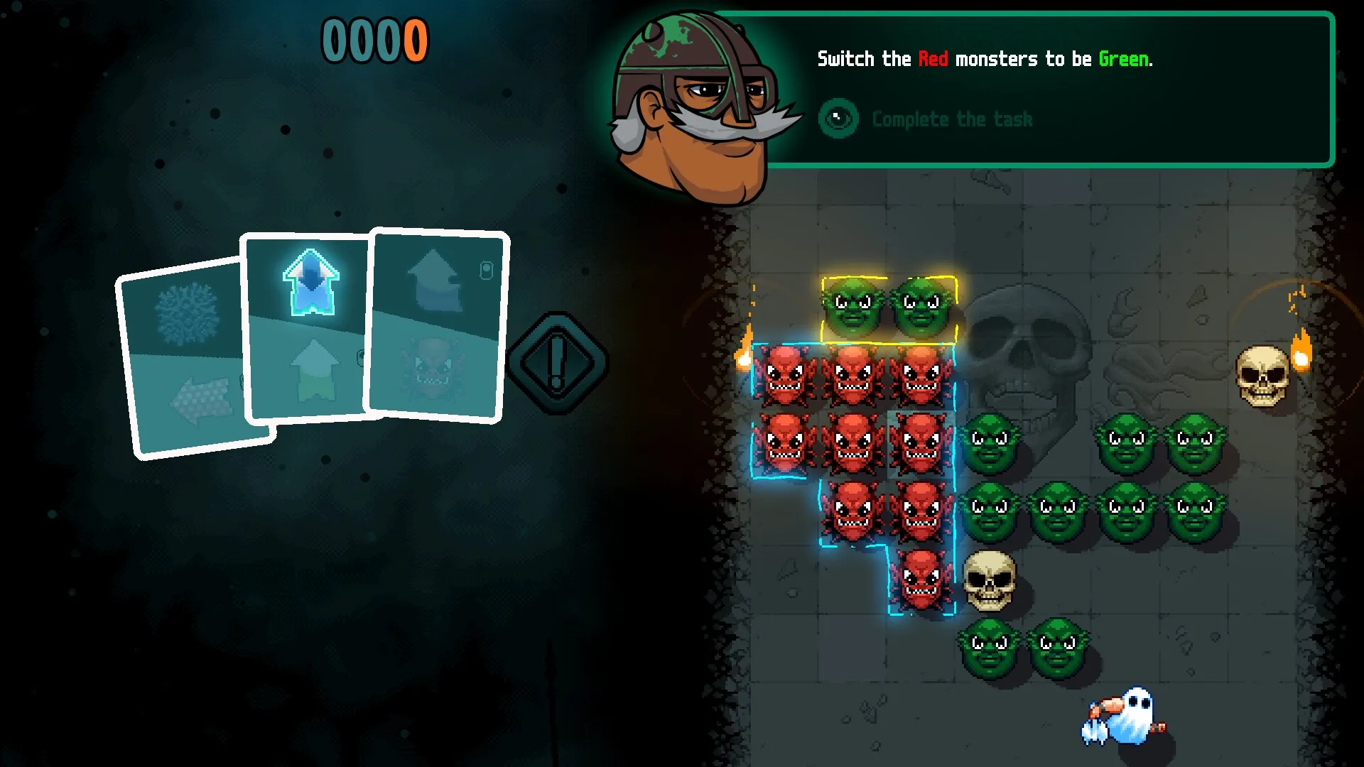 Axe Ghost: Card selection on left and monster grid with red and green enemies on right in dungeon setting
