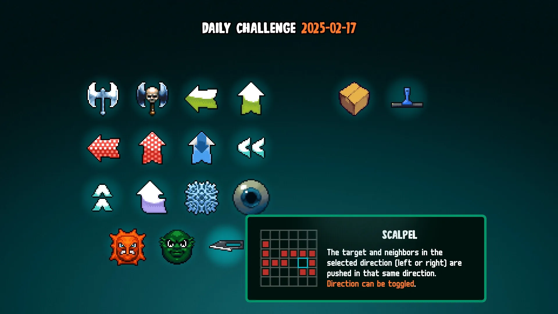 Axe Ghost: Daily challenge screen showing various directional cards and a Scalpel card description.