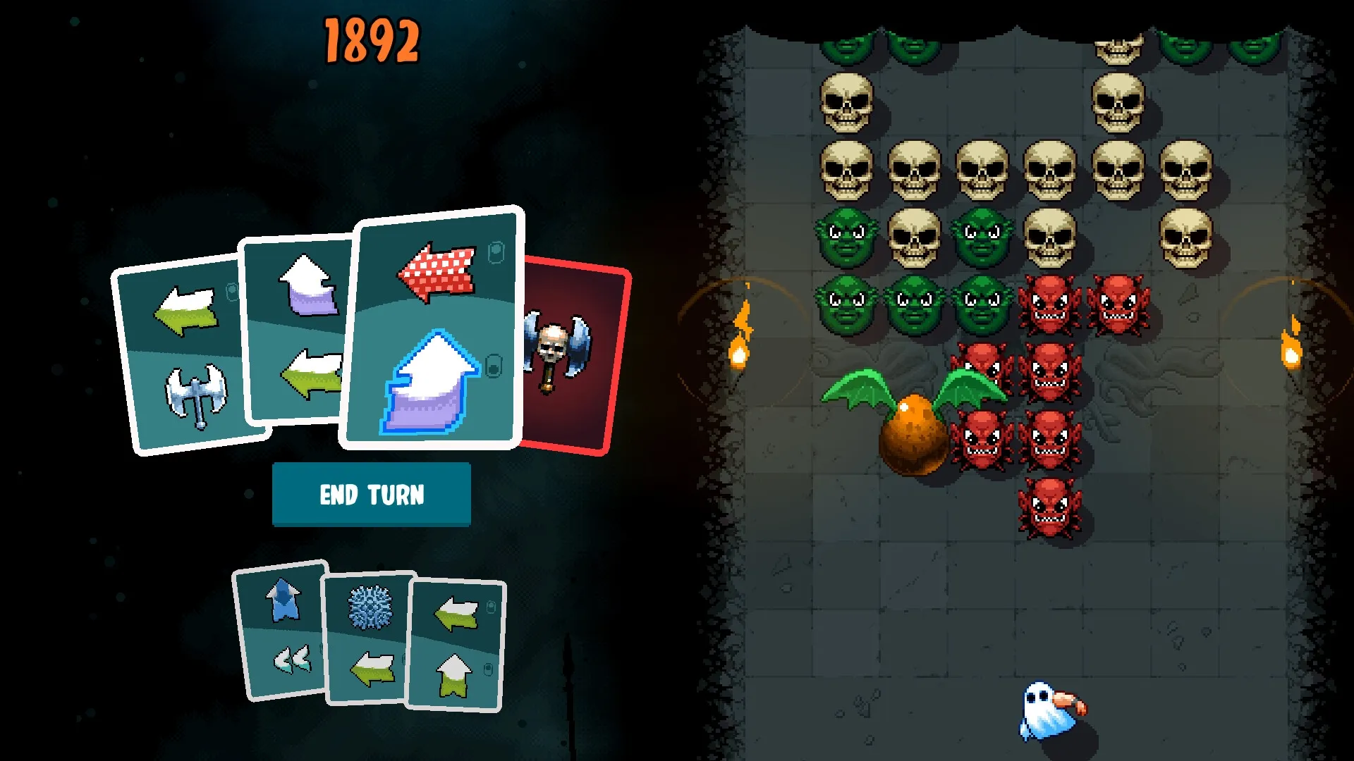Axe Ghost: Card selection menu and ghost character facing monsters on a grid-based battlefield
