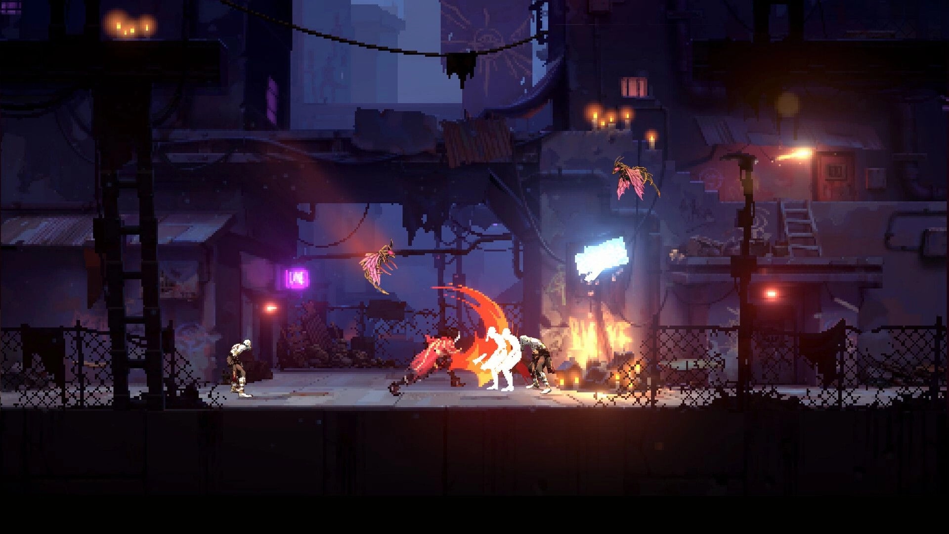 AXIS Urban Samsara: Red-cloaked fighter slashes two enemies in a neon-lit industrial slum corridor.