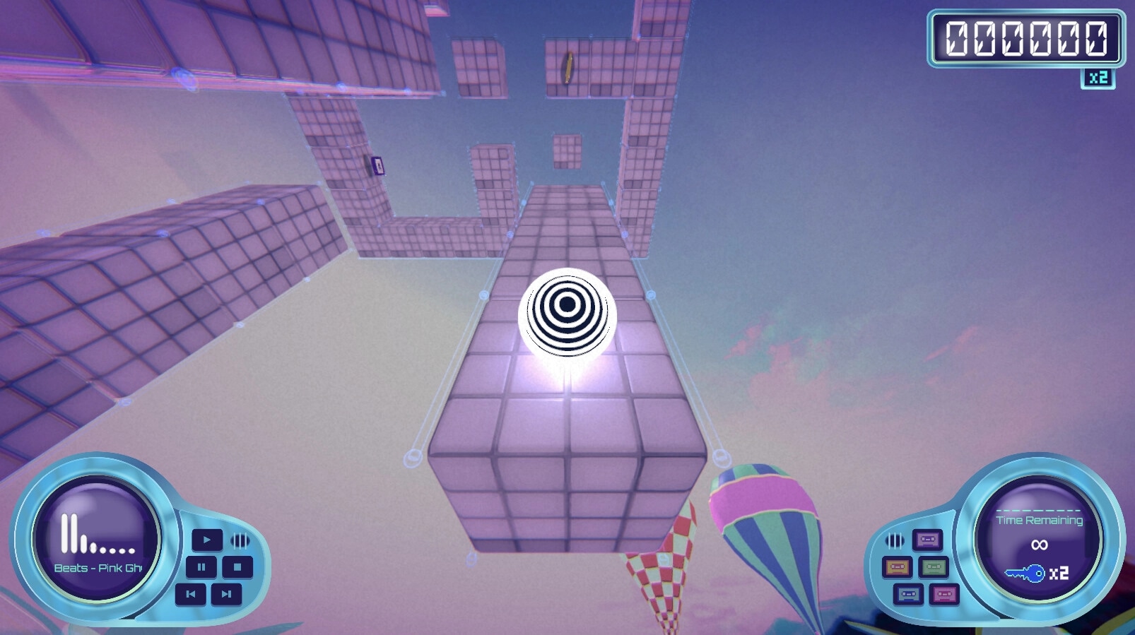 Axyz: Player navigates gravity-defying platforms with UI showing score, music, and remaining time