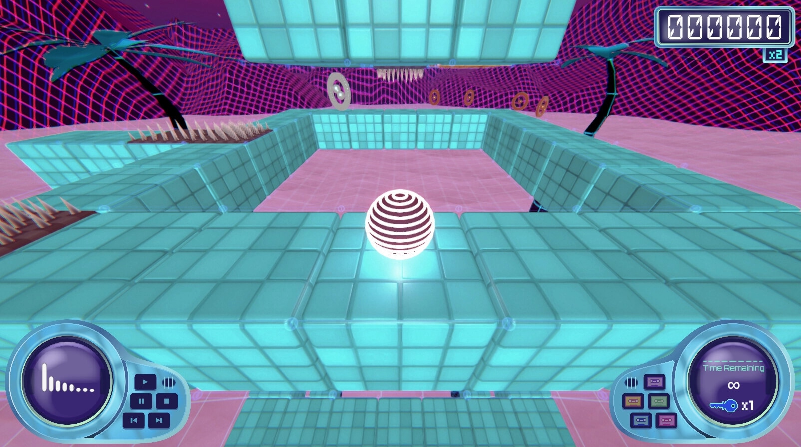 Axyz: Glowing ball on teal platform with vaporwave grid background, HUD displays score and controls
