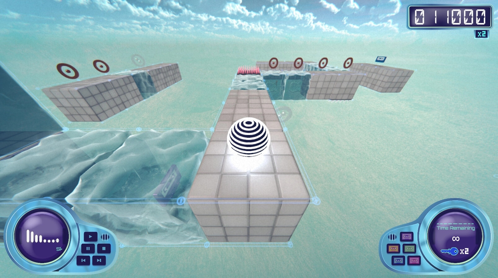 Axyz: A striped sphere rolls on floating platforms with targets and spikes in a vaporwave sky setting.