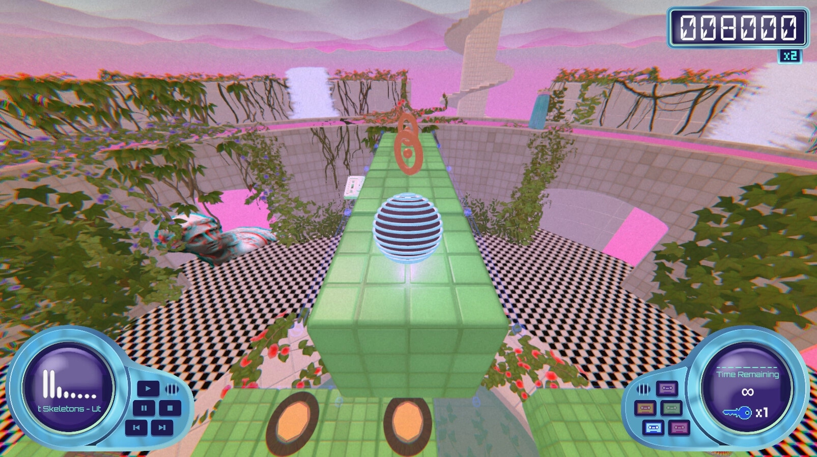 Axyz: Player navigates a striped sphere on a green tiled path in a vaporwave environment with UI visible.